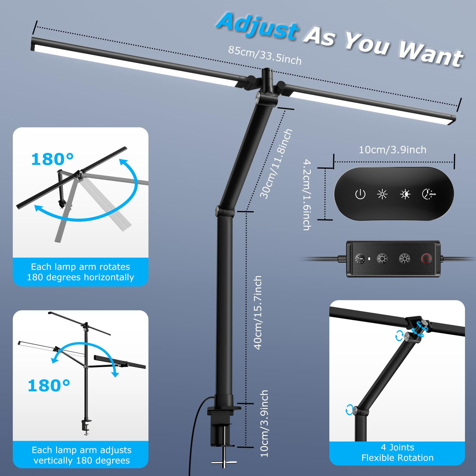 Jelimov Led Desk Lamp For Home Office, Eye Caring Architect Desk Light With Remote, Dual Screen Computer Monitor Light With Step