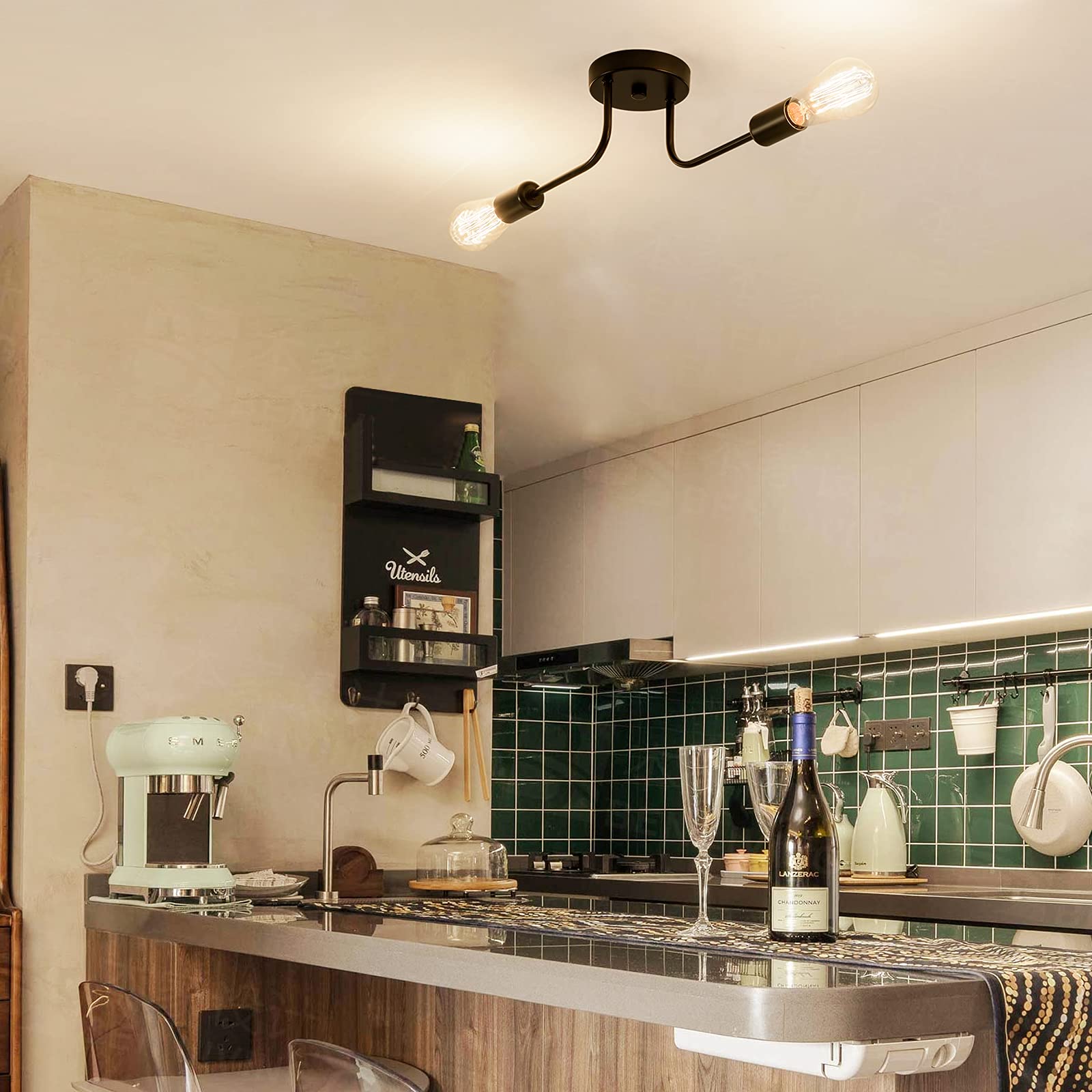 Industrial Semi Flush Mount Ceiling 2 Light With Adjustable Metal Branched Vintage Ceiling Light E26 Holder Black Painted For Ki