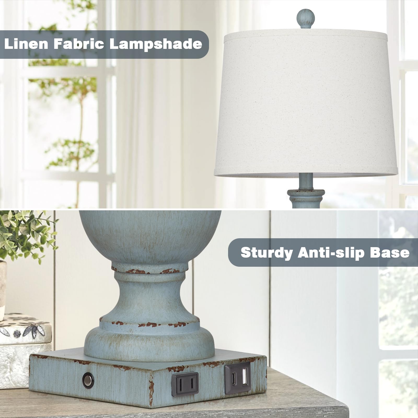 Farmhouse Table Lamps Set Of 2, Rustic Touch Control Bedside Lamps With 2 Usb Ports & Ac Outlet, Vintage 3-Way Dimmable Nightsta