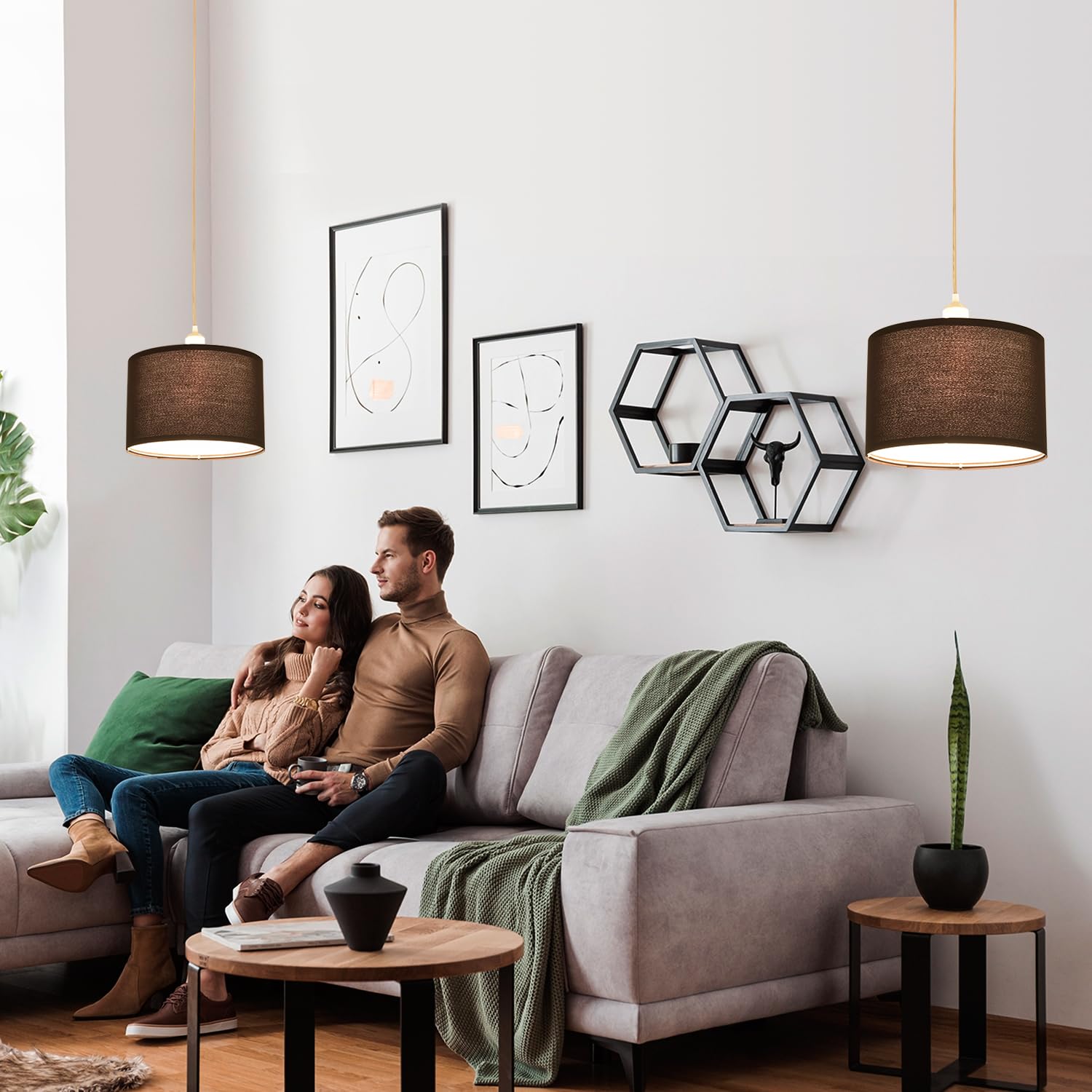 Ihengyanlt 2 Pack Plug In Pendant Light, Hanging Light With 15Ft Clear Cord, On/Off Switch, Black Fabric Lamp Shade, Hanging Lig