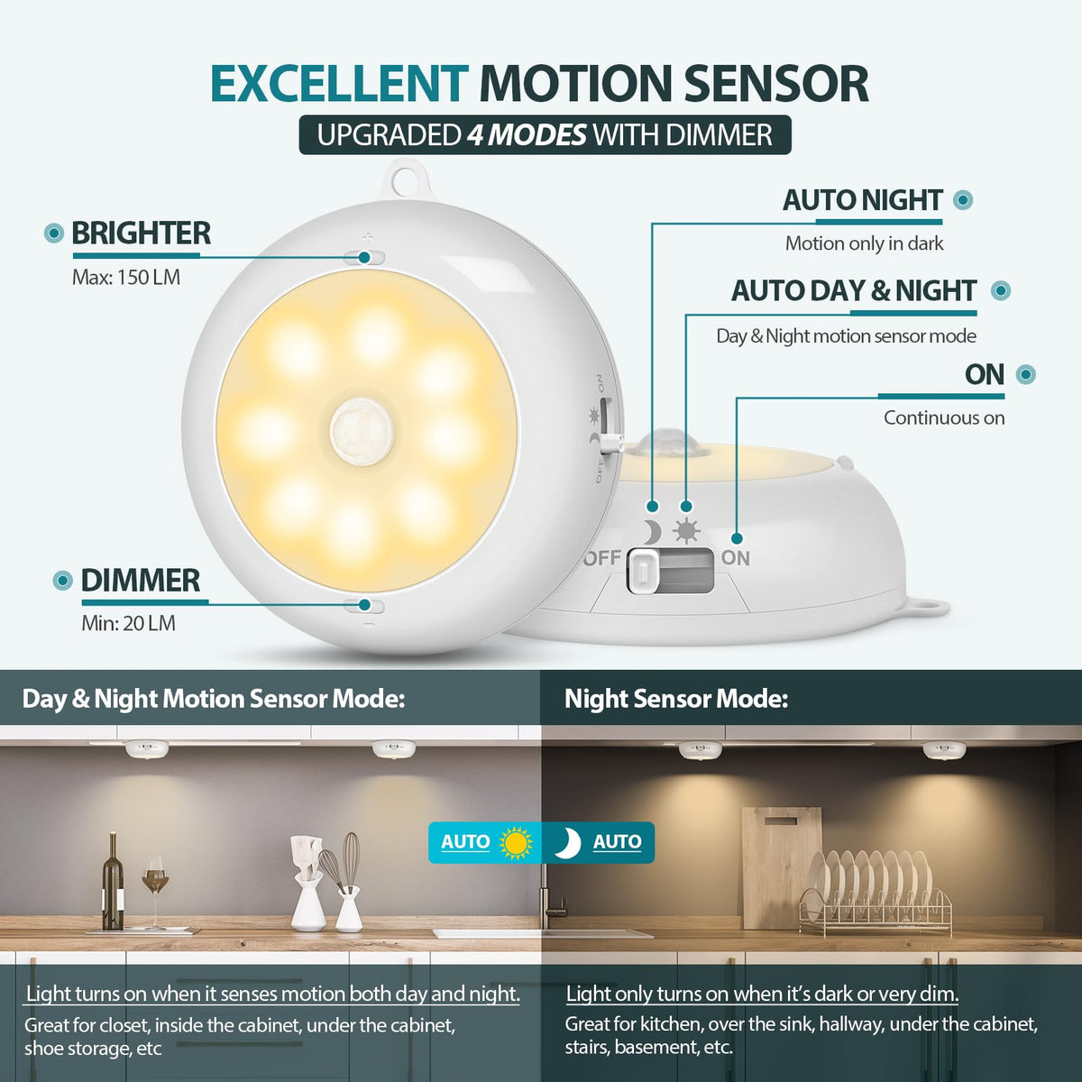 BLS Motion Sensor Light - Battery Powered LED Puck Lights, Dimmable, 3 ...