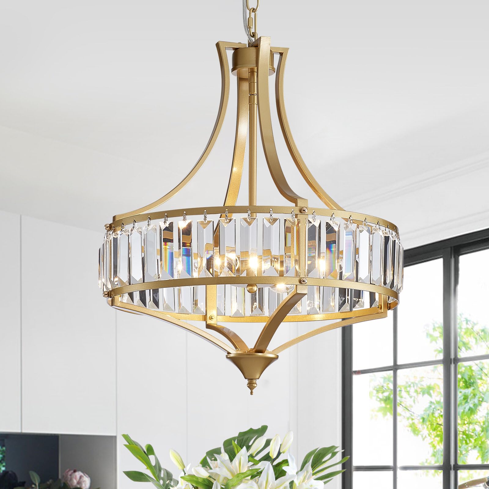 Avzkcy Modern Gold Chandelier, Crystal Pendant Lighting Fixtures, 15.7 Inches Height Adjustable Metal Shade Ceiling Light Suitab