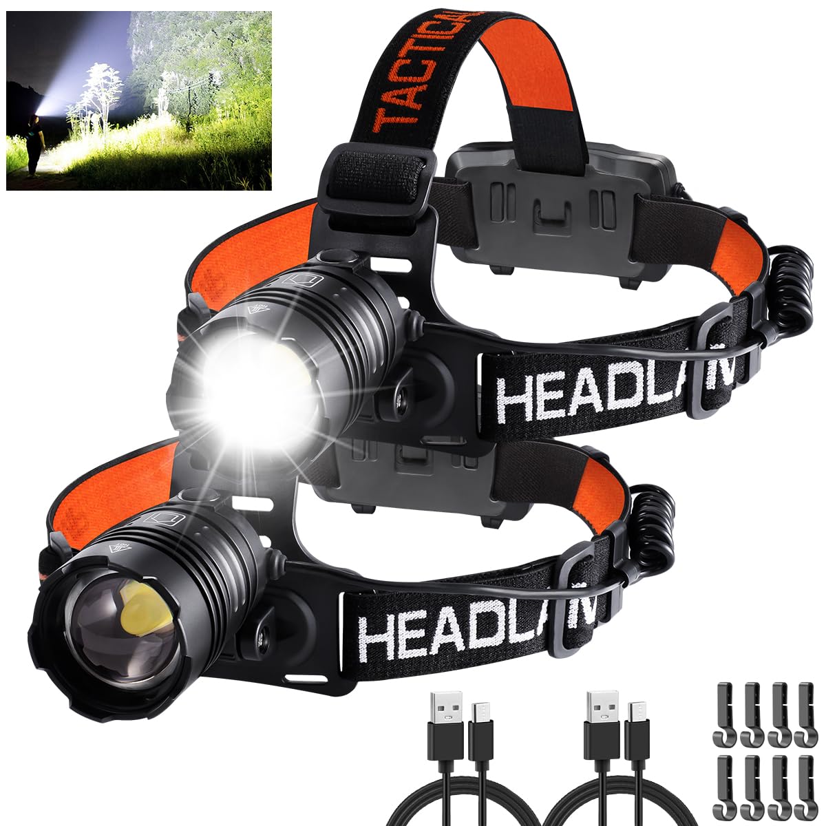 Headlamp Rechargeable 2Pack, 150000LM Bright Head Lamp, Adjustable Focus Headlight Outdoor, 4Mode Head Lights for Forehead, 90 L