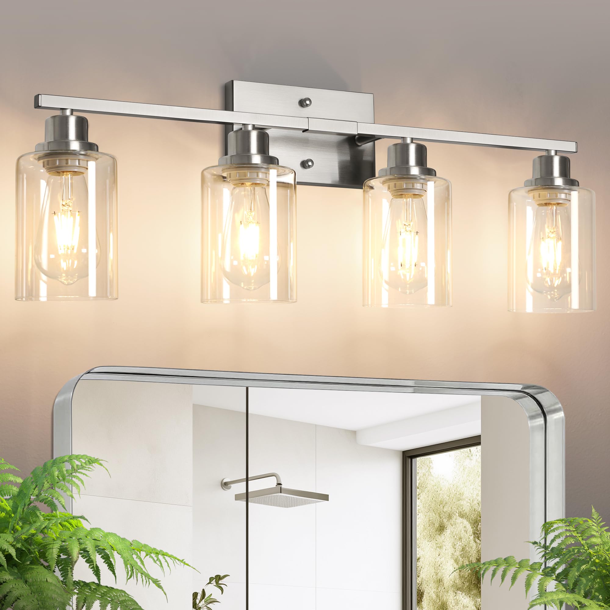 Ascher Bathroom Light Fixtures  4-Light Vanity Light Over Mirror  Brushed Nickel Wall Sconces with Clear Glass Shades  Wall Lamp for Living Room Bedroom  E26 Base(Bulbs Not Included)