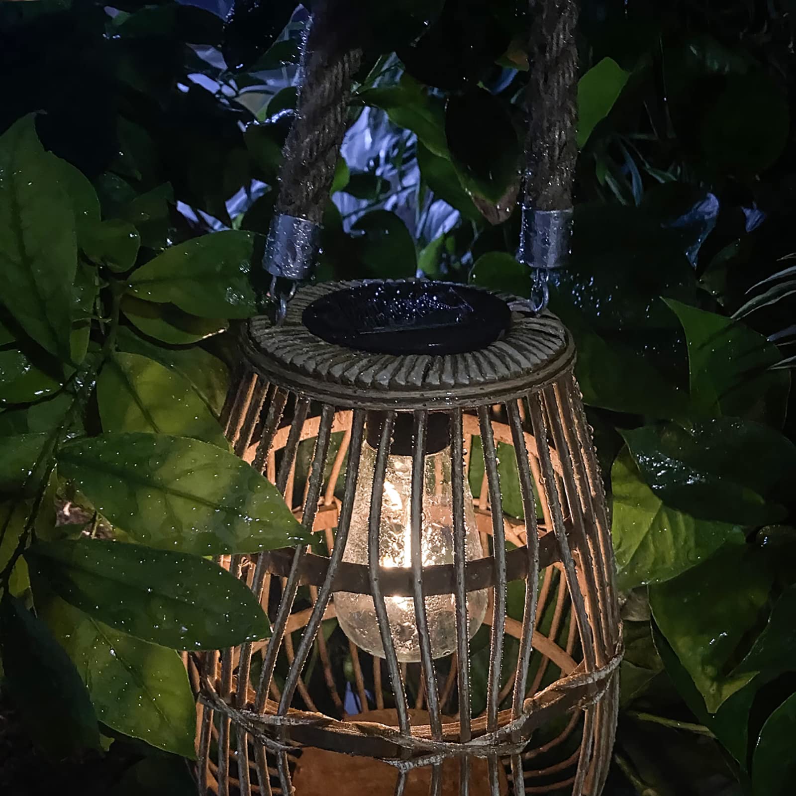 pearlstar Outdoor Solar Lantern Light, Rattan, Edison Bulb, Style 1, Auto On/Off, Hanging/Table Lamp for Patio Garden Wedding Decoration