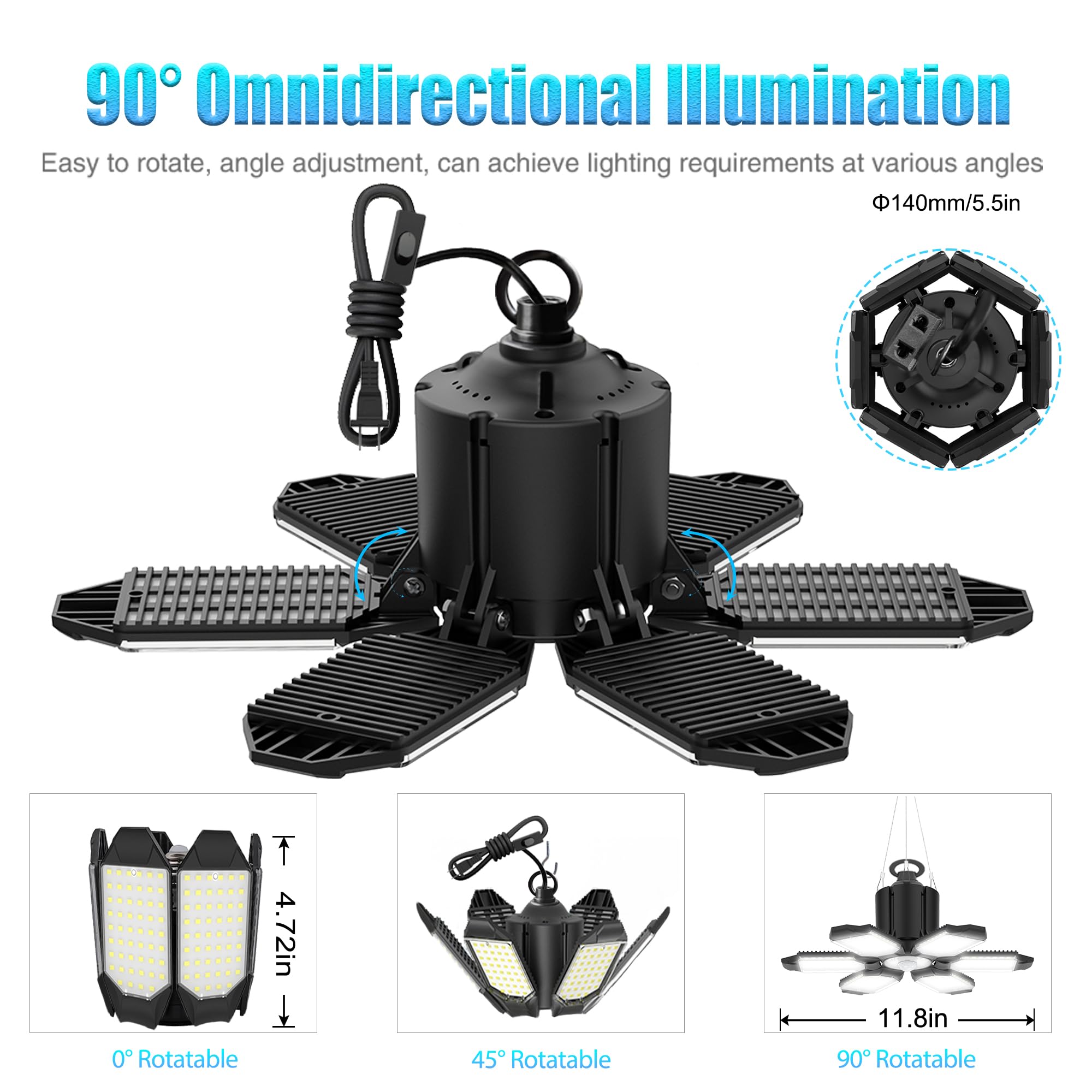 Linkable Led Shop Light With 6 Deformable Panels, 20000Lm 6500K Plug In Garage Ceiling Lights, Hanging Led Lights For Garage/War