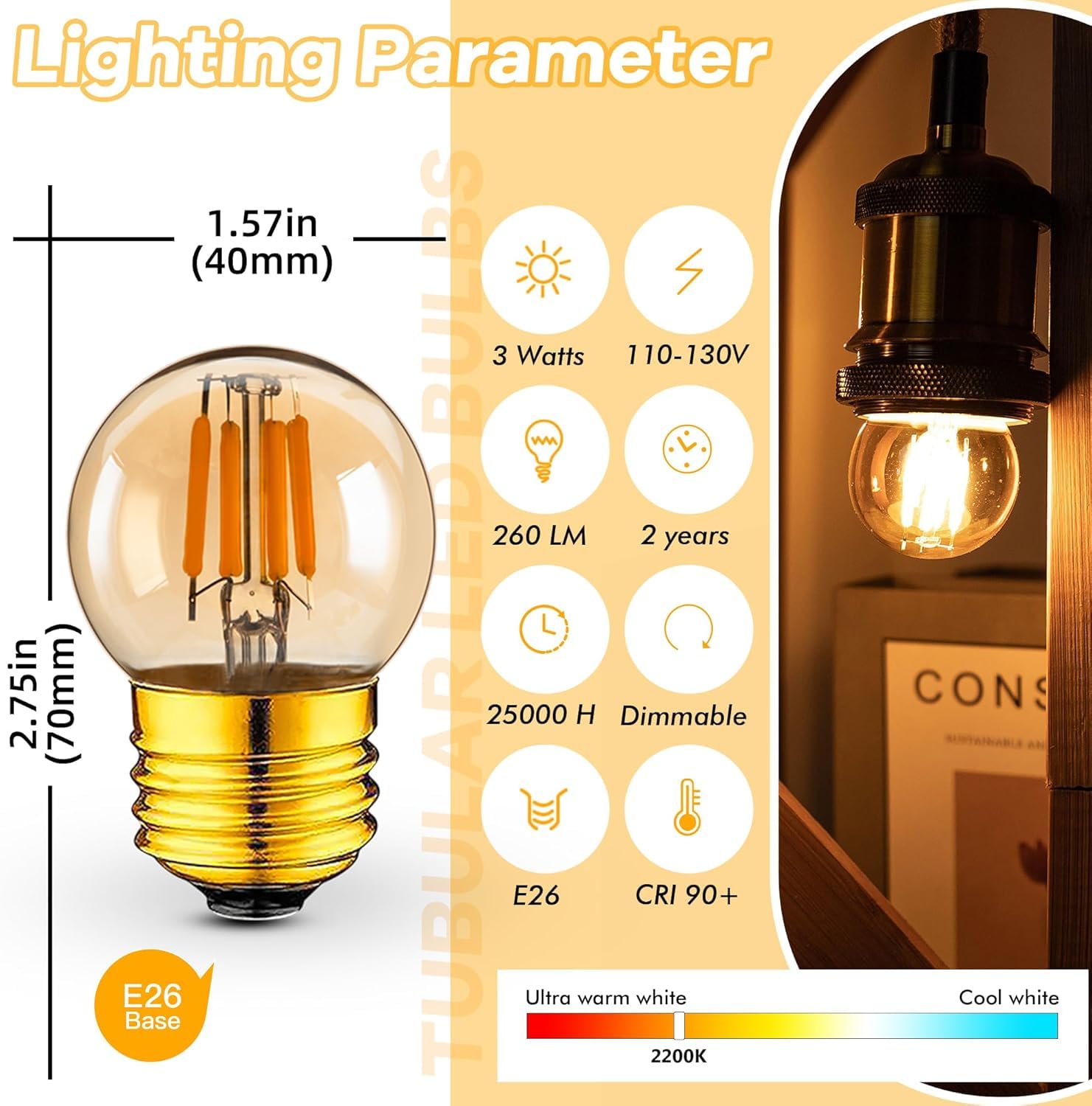 25 Watt Light Bulbs G40 E26 Low Wattage Led Light Bulbs 3 Watt Dimmable Amber Small Edison Bulbs 2200K Warm White For Home And B
