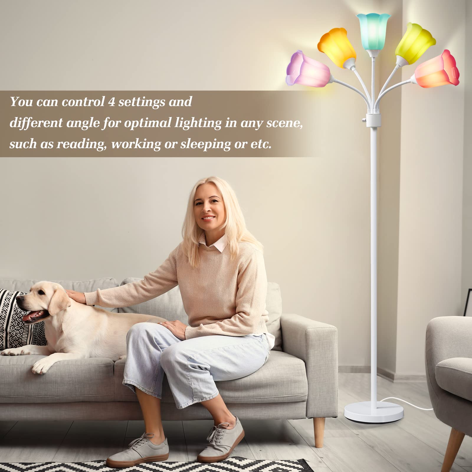 GyroVu Medusa LED Floor Lamp - Multi Head Adjustable Gooseneck, Modern Design, White, Perfect for Living Room, Bedroom, Office