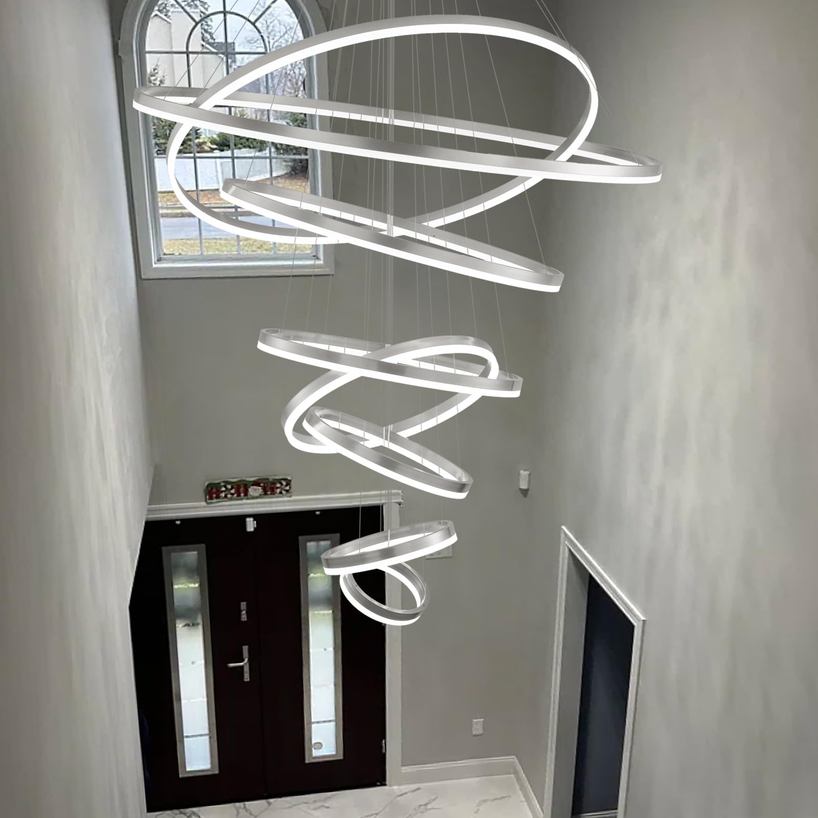 Embring 8 Rings Chandelier, 47.24" Modern Led Chandelier Extra Large Modern Chandeliers For High Ceiling,Long High Ceiling Chandelier For Staircase,Silver Dimmable Led Chandelier For Entryway