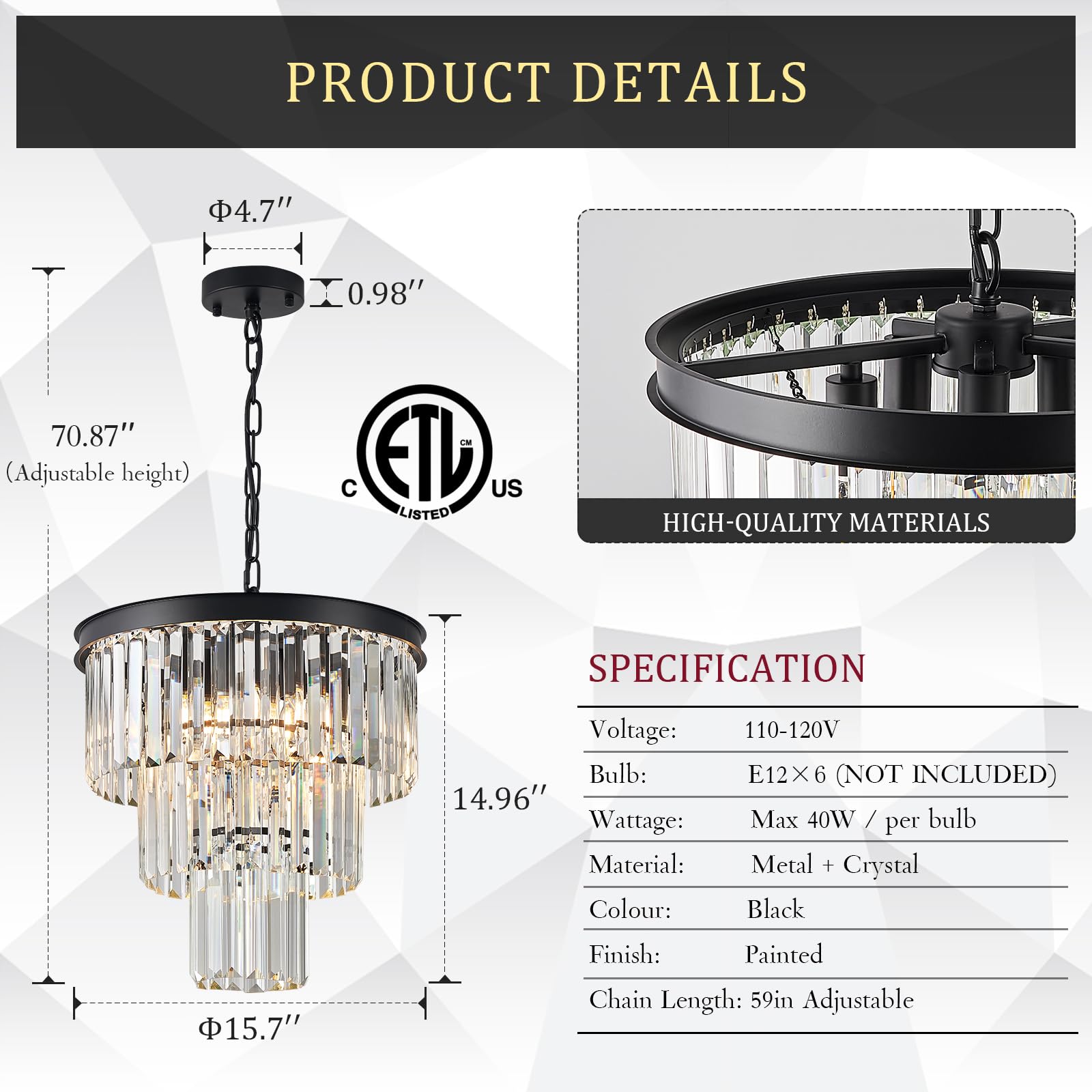 CATINER Modern Crystal Chandelier, 16" Small Black Pendant Light, 3-Tier K9 Crystal, 6-Light Fixture for Dining Room, Entryway, Kitchen