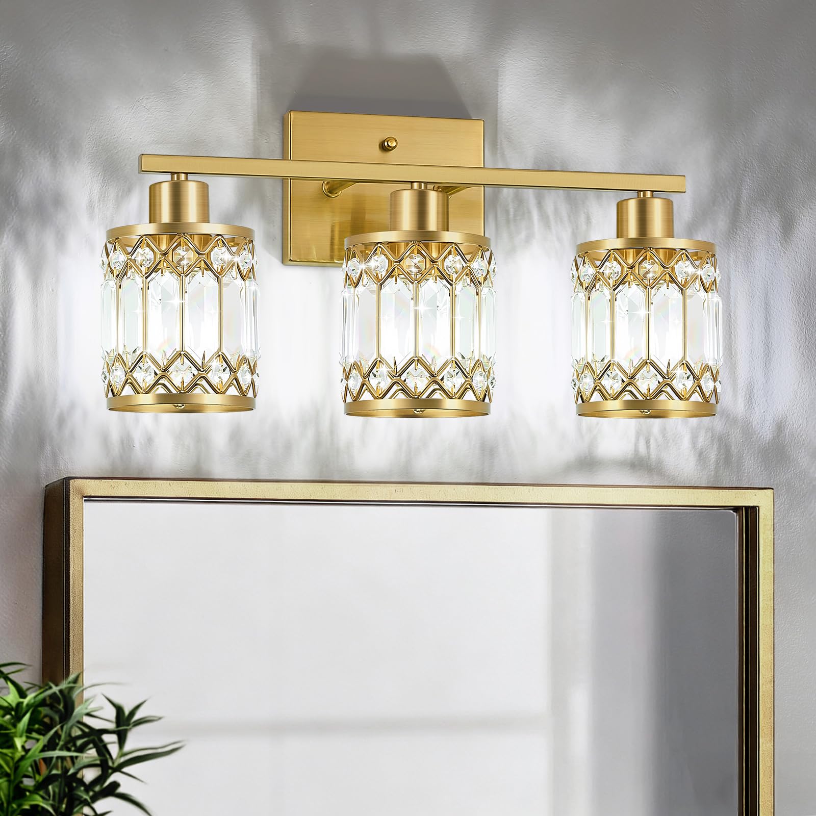 JZEKVN Crystal Modern Bathroom Light Fixtures, 3-Light Brushed Gold Bathroom Vanity Wall Light, Vanity Lights for Mirror, Restro