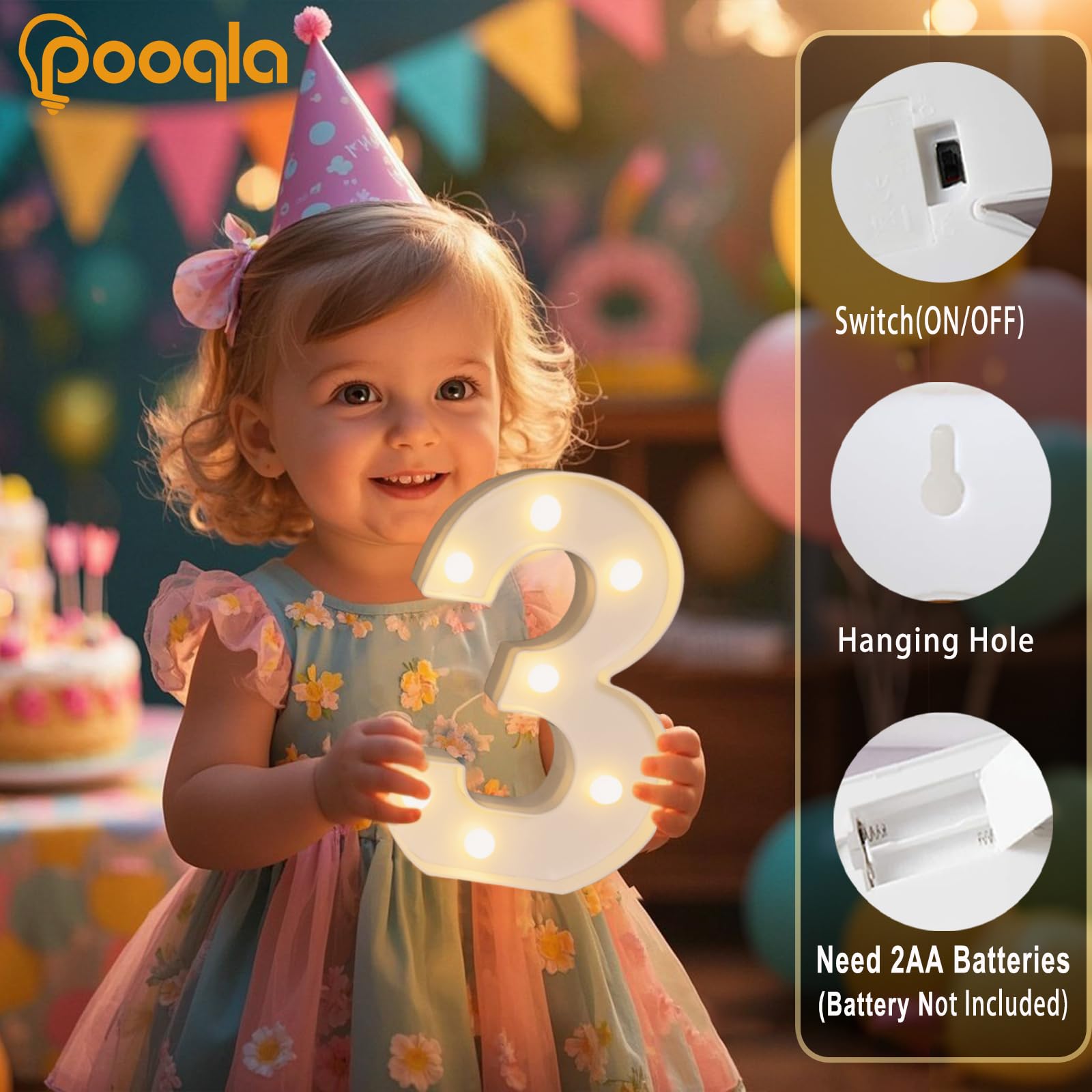 Decorative Led Light Up Number Letters, White Plastic Marquee Number Lights Sign Party Wedding Decor Battery Operated Number (3)