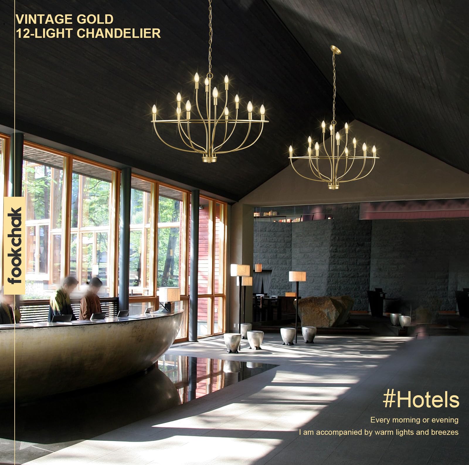 Fookchak Large Gold Chandelier, 12 Light Foyer Chandelier High Ceiling 36Inch Modern Brass Living Room Light Fixture Metal Candle Chandelier For Kitchen Entryway Living Room Bedroom