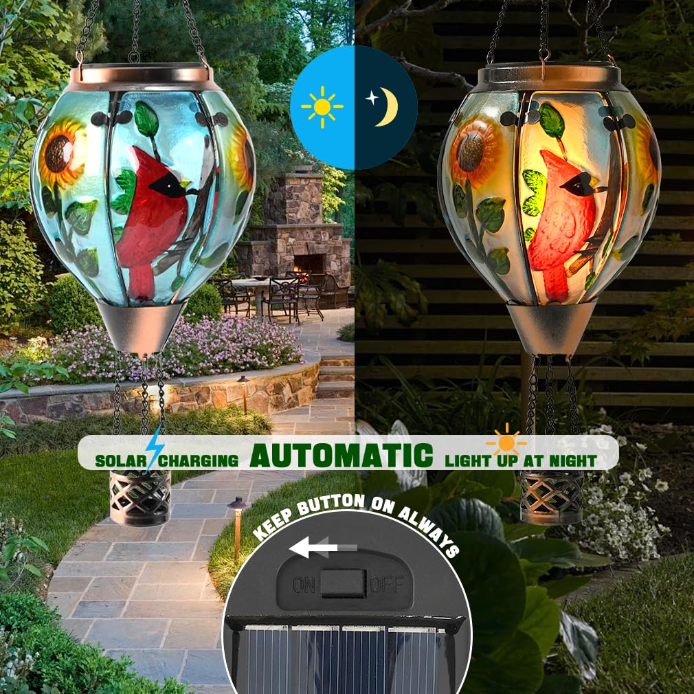 Bathtoo Hot Air Balloon Solar Lantern - Large Cardinal Glass, Waterproof IP65, Simulated Flickering Flame for Patio Lawn Decor
