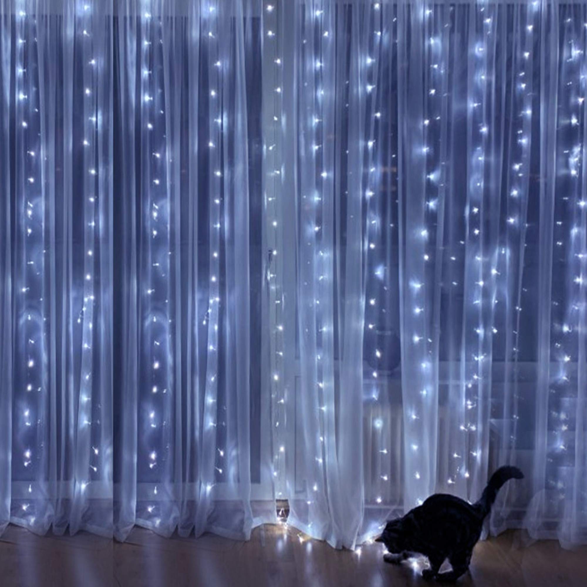 HOME LIGHTING 300 LED Window Curtain String Lights, Copper, 8 Lighting Modes, USB Powered, Waterproof, Cool White