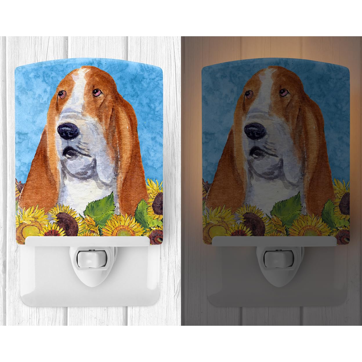 Caroline'S Treasures Ss4162Cnl Basset Hound In Summer Flowers Ceramic Night Light Compact, Ul-Certified, Ideal For Bedroom, Bathroom, Nursery, Hallway, Kitchen, 6X4X3, Multicolor
