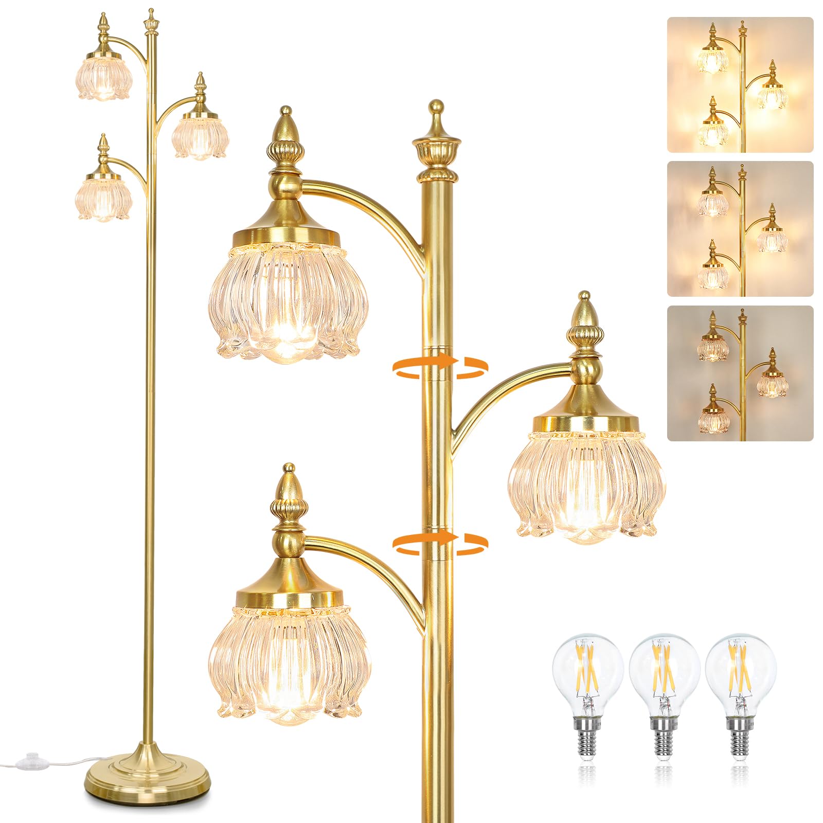 JUNNAI Floor Lamp Gold Glass Brass 66.5in Tall Standing Lamp for Living Room with 3 Brightness Lights Vintage Tree Flower Lamp f