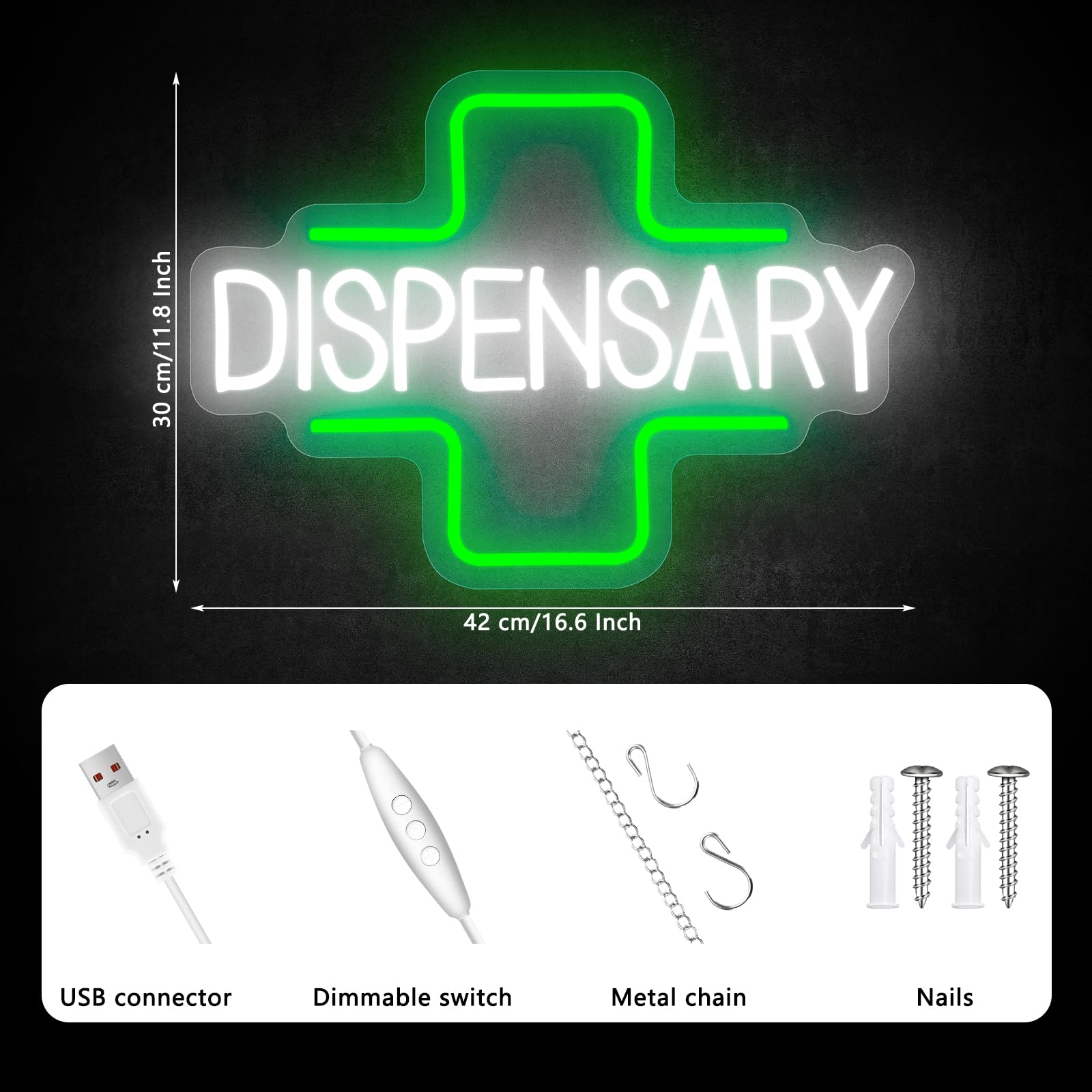 AUGELRE Neon Sign, Green Cross LED Wall Decor, Dimmable Acrylic Light for Home, Shop, Club, Pub, Party Decorations