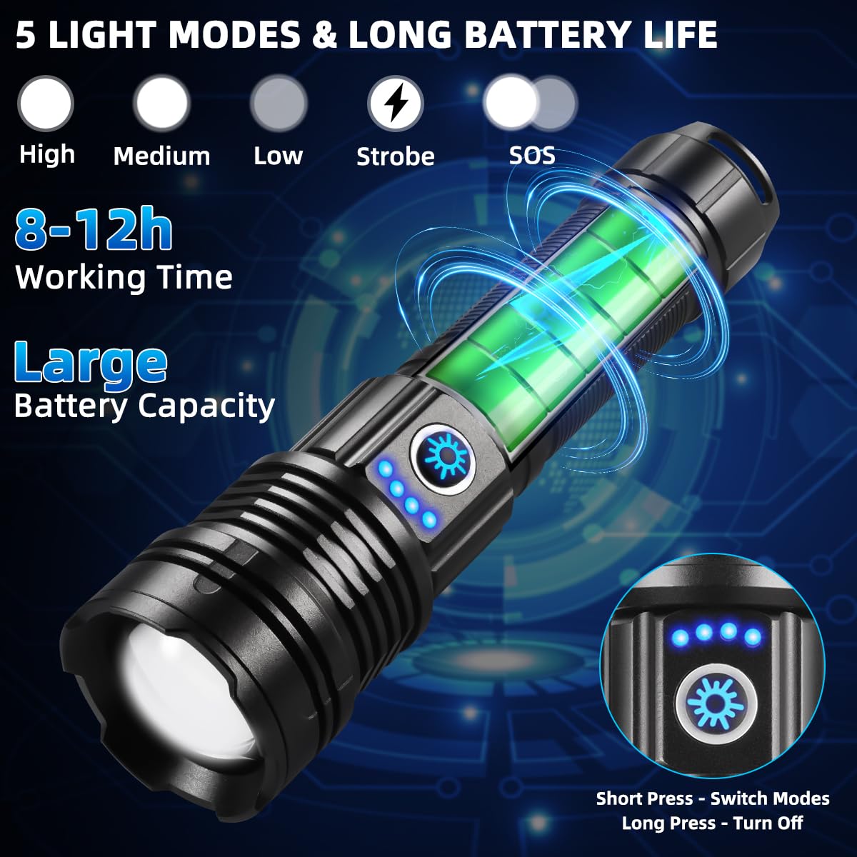 WopkDupk LED Flashlight, Super Bright 5-Mode, Rechargeable, Adjustable Focus, X70-Pro, Black