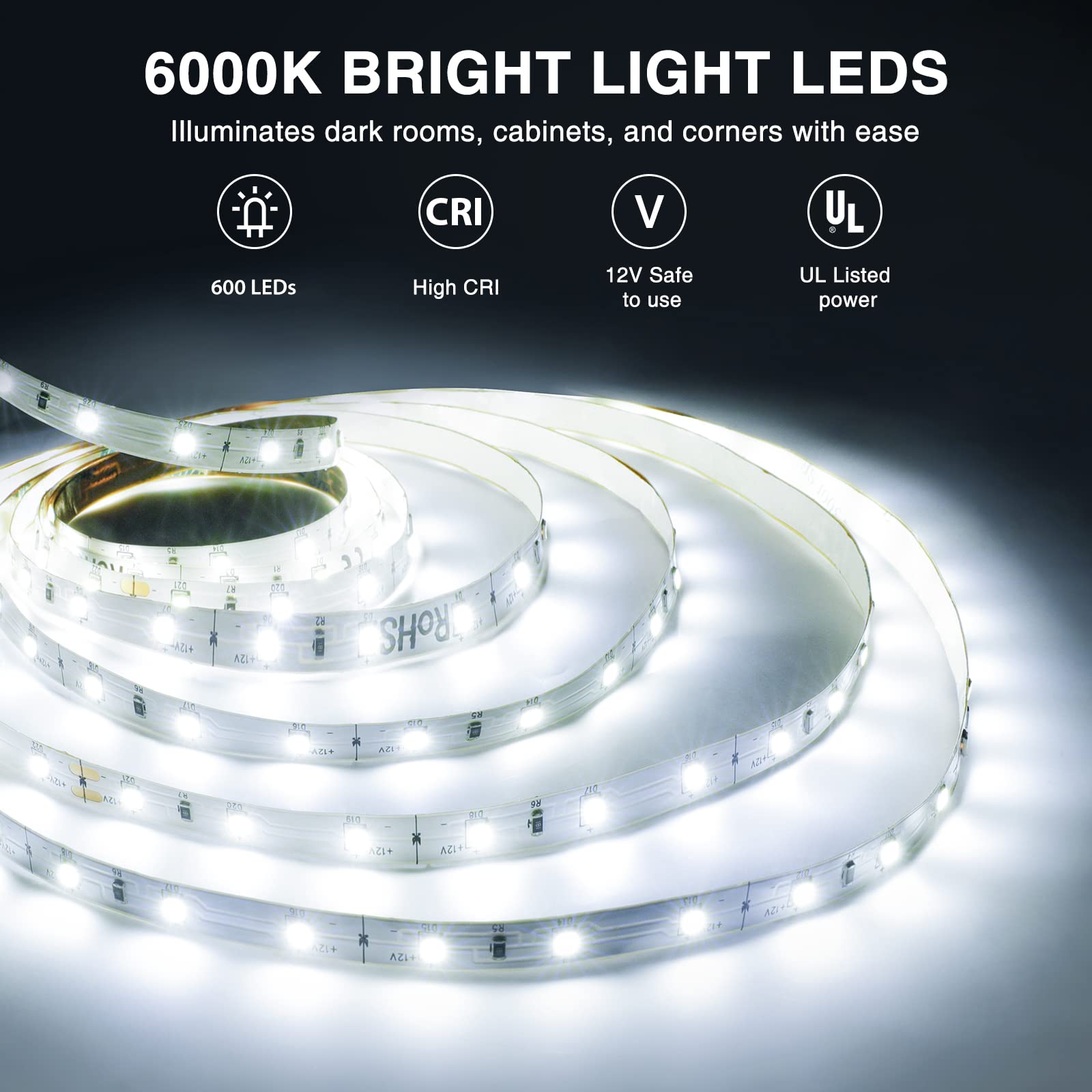 Onforu Led Strip Lights, 32.8Ft Dimmable Daylight White Tape Light Kit, 600 Leds, Flexible 12V Lighting For Home And Bedroom