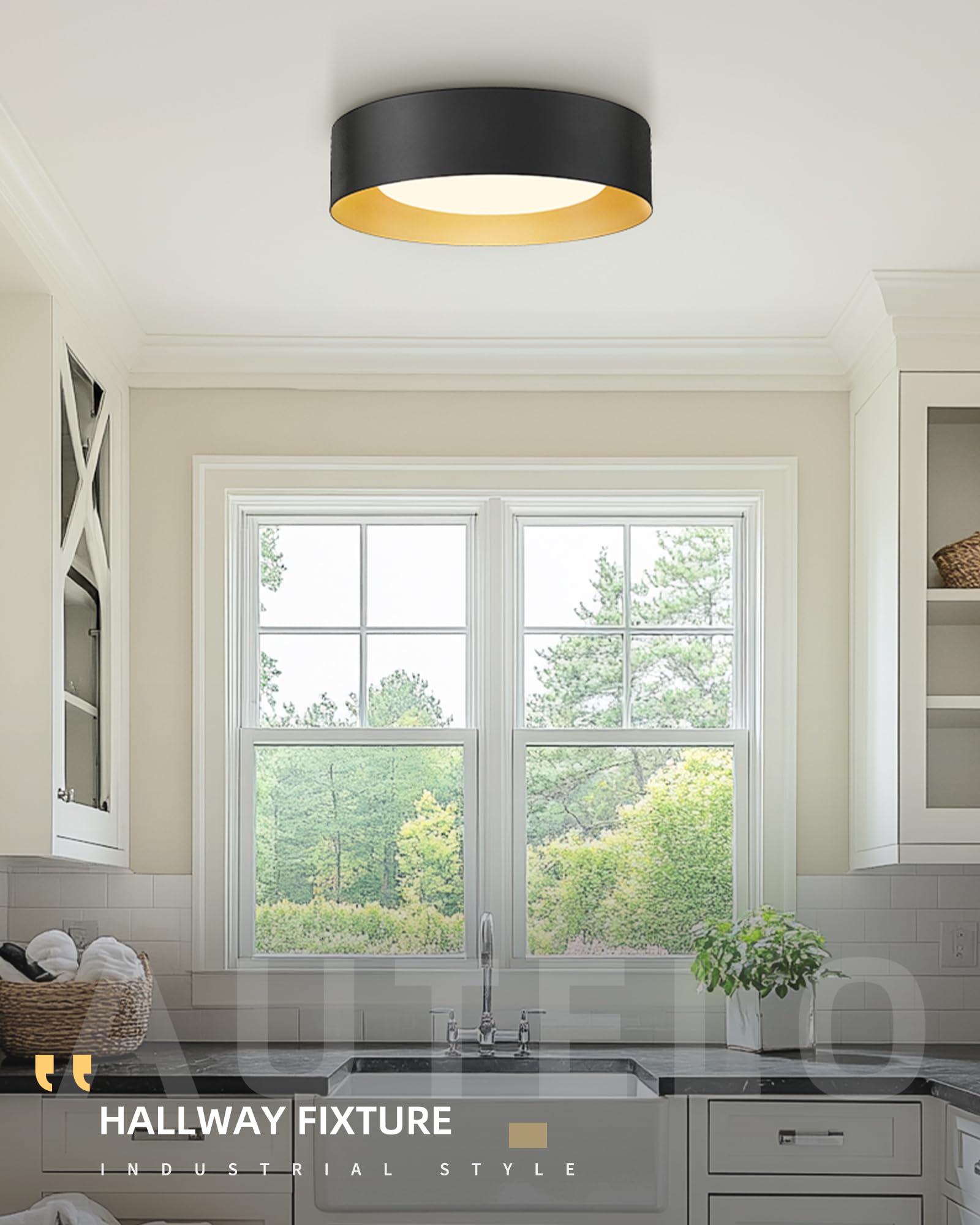 Autelo 16'' Ceiling Light, Led Ceiling Light Flush Mount, 5Cct Ceiling Light Fixture With Frosted Glass In Black Finish, Black L