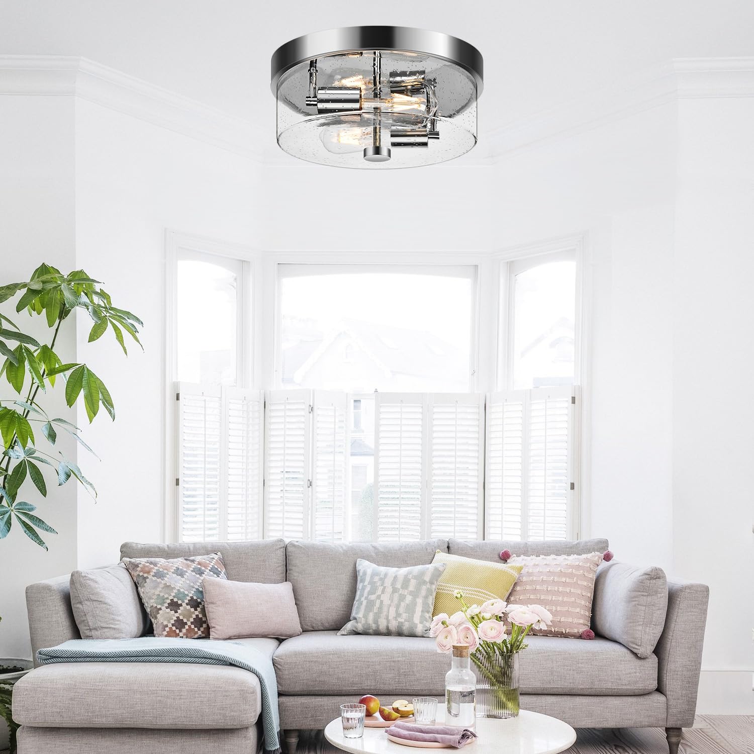 Flush Mount Ceiling Light Fixtures, 2-Light Chrome Ceiling Mount For Farmhouse With Seeded Glass Lampshade, Industrial Hall Flus