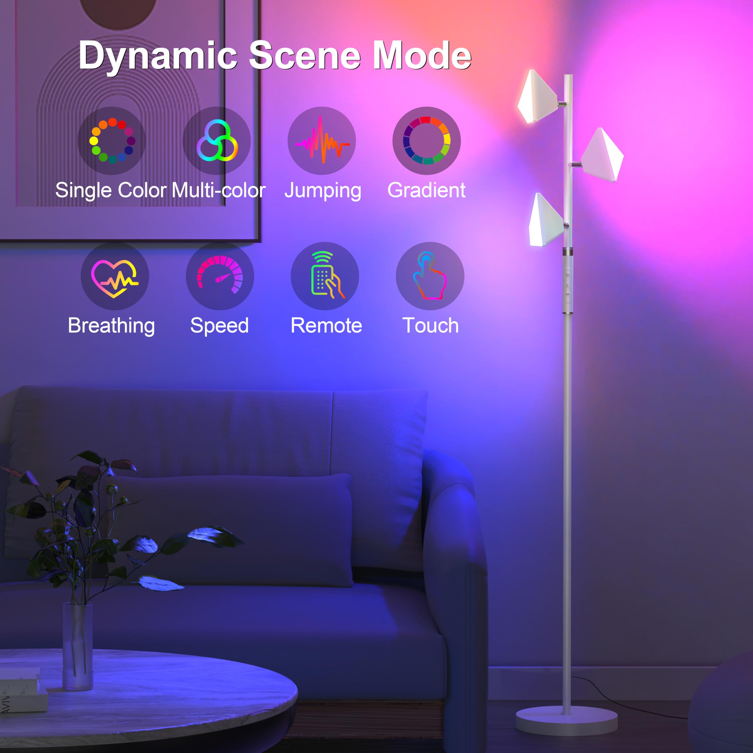 PARTPHONER RGB Tree Floor Lamp, Stepless Dimmable, Remote & Touch Control, White, Model FLA-036-A2-White