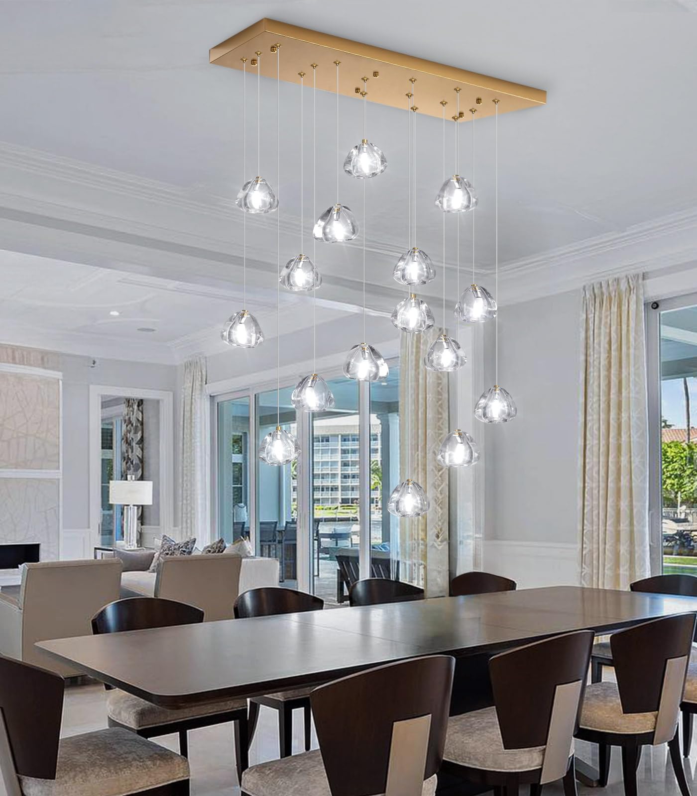 HAIXIANG Rectangular Glam Chandelier, 16 Lights, Dimmable, Antique Gold, Model MMQ9025, High Ceiling Bubble Crystal Pendant Light