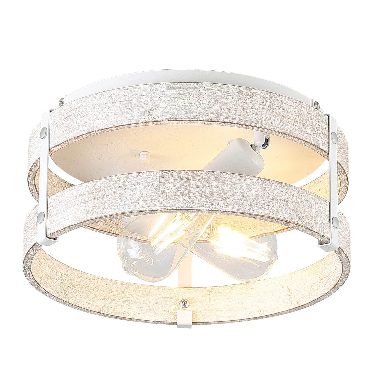 Fivess Lighting Modern Farmhouse Flush Mount Light Fixture, 2-Light Wood Drum, Distressed Finish, Model fss6319