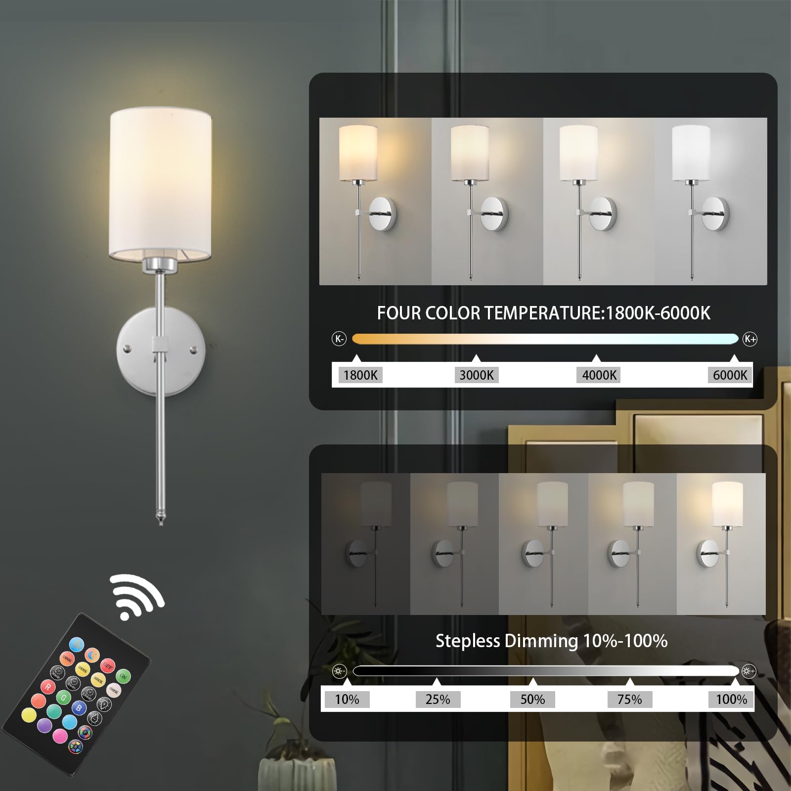KARTOOSH Battery Operated Wall Sconces Set of Two, Wireless Rechargeable, Dimmable, 20.6 Inch, Chrome, Model ZM213B