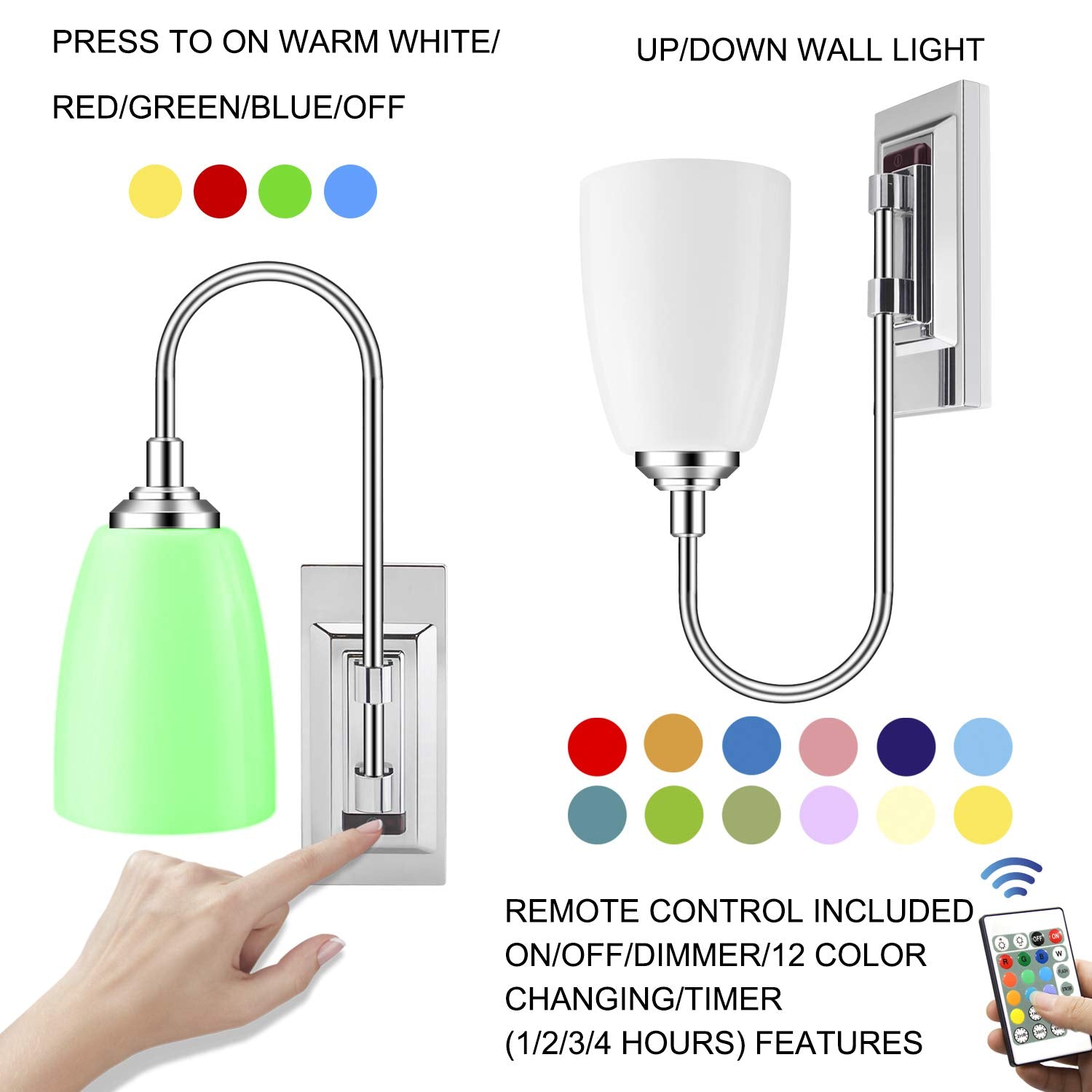 LUXSWAY Dimmable 12 Colors Changing Wall Lamp, Battery Operated Sconce for Bedroom & Hallway, Silver, Model DY780IR-12C-1