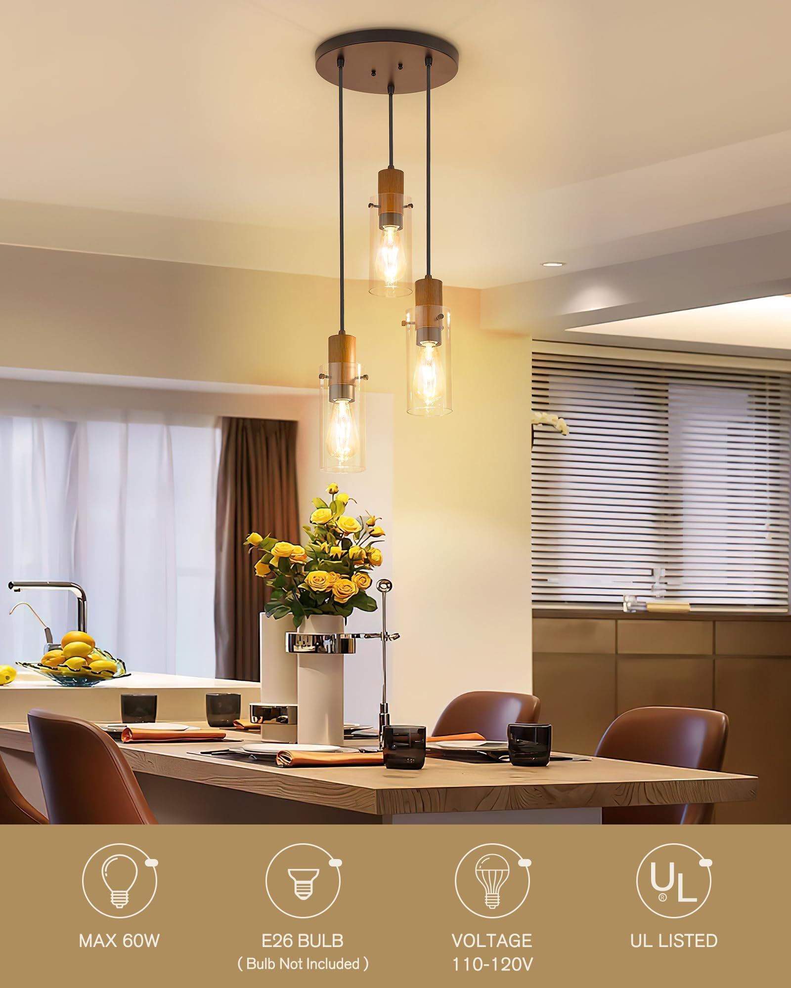 Emak 3-Light Black Pendant Light, Modern Glass Shade Fixture For Kitchen, Dining, Bathroom