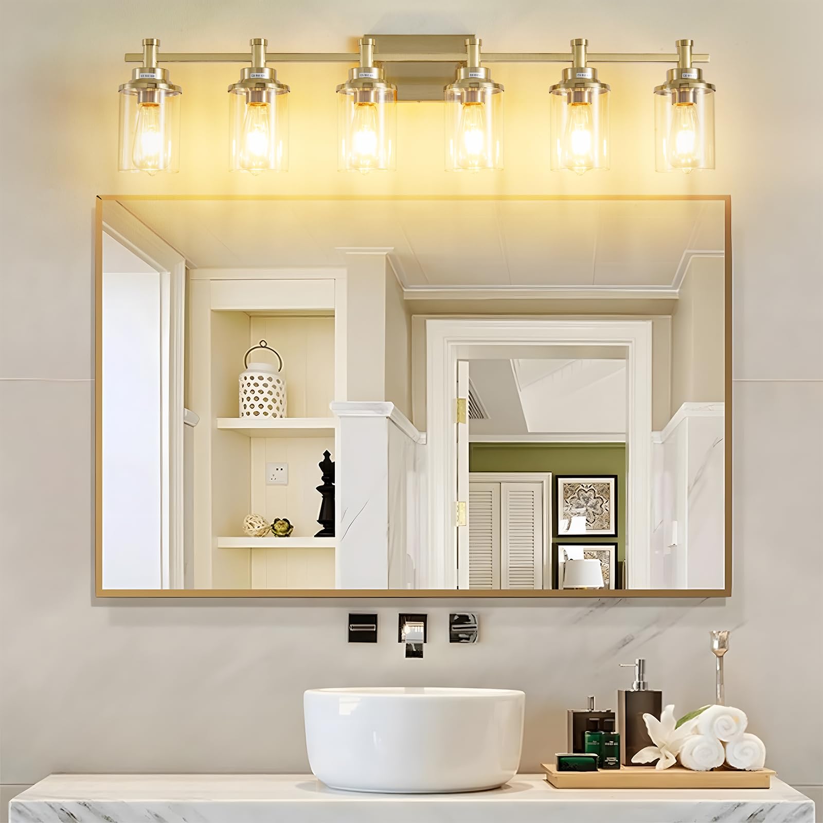 Aixialin Brushed Brass Bathroom Vanity Light, 6 Lights Bathroom Light Fixtures With Glear Glass Shades, Brushed Brass Gold Bathr