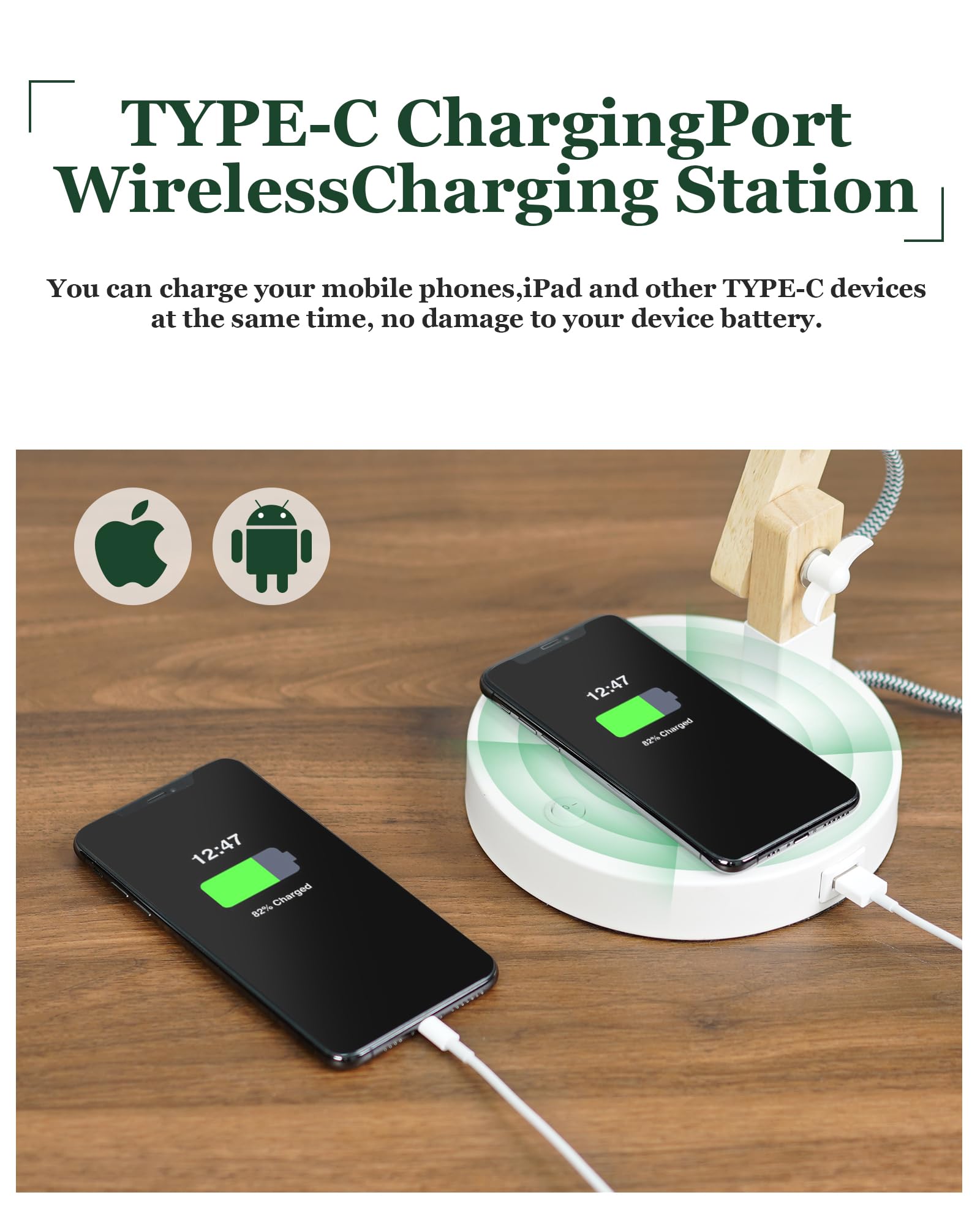 Elyona White Desk Lamp With Wireless Charger & Usb C, Solid Wood Swing Arm Light For Home & Office