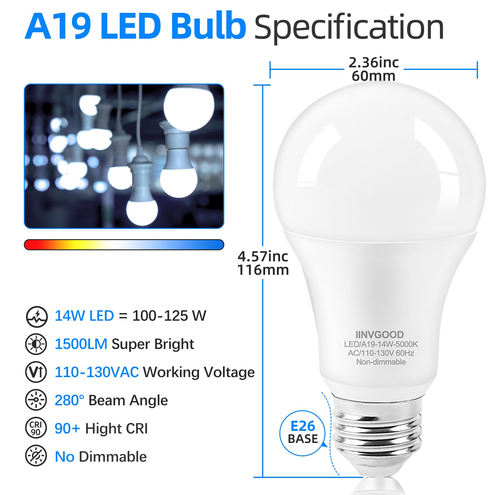 IINVGOOD 14W A19 LED Light Bulbs, 1600LM Bright, 5000K Daylight White, 12 Packs, E26 Medium Base, CRI 90+,