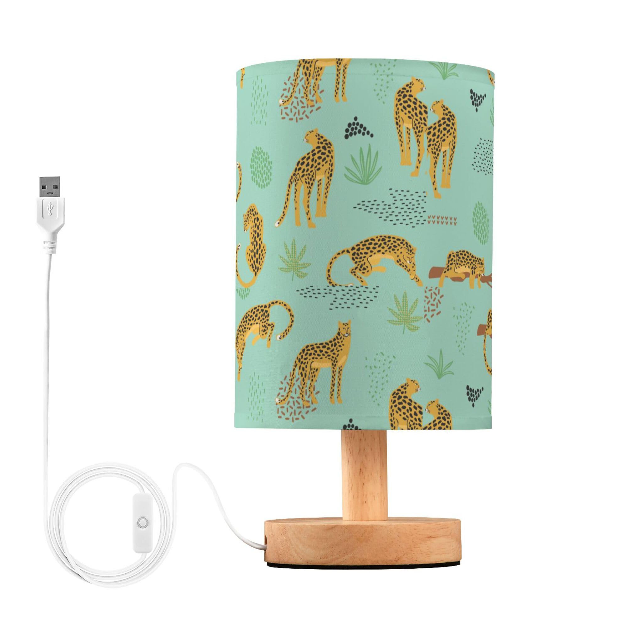 YYZZH Table Lamp Vintage Cheetah Leopard Animal Tropical Palm Leaf Print Nightstand Lamp with Wood Base Fabric Lamp Shade Bedsid