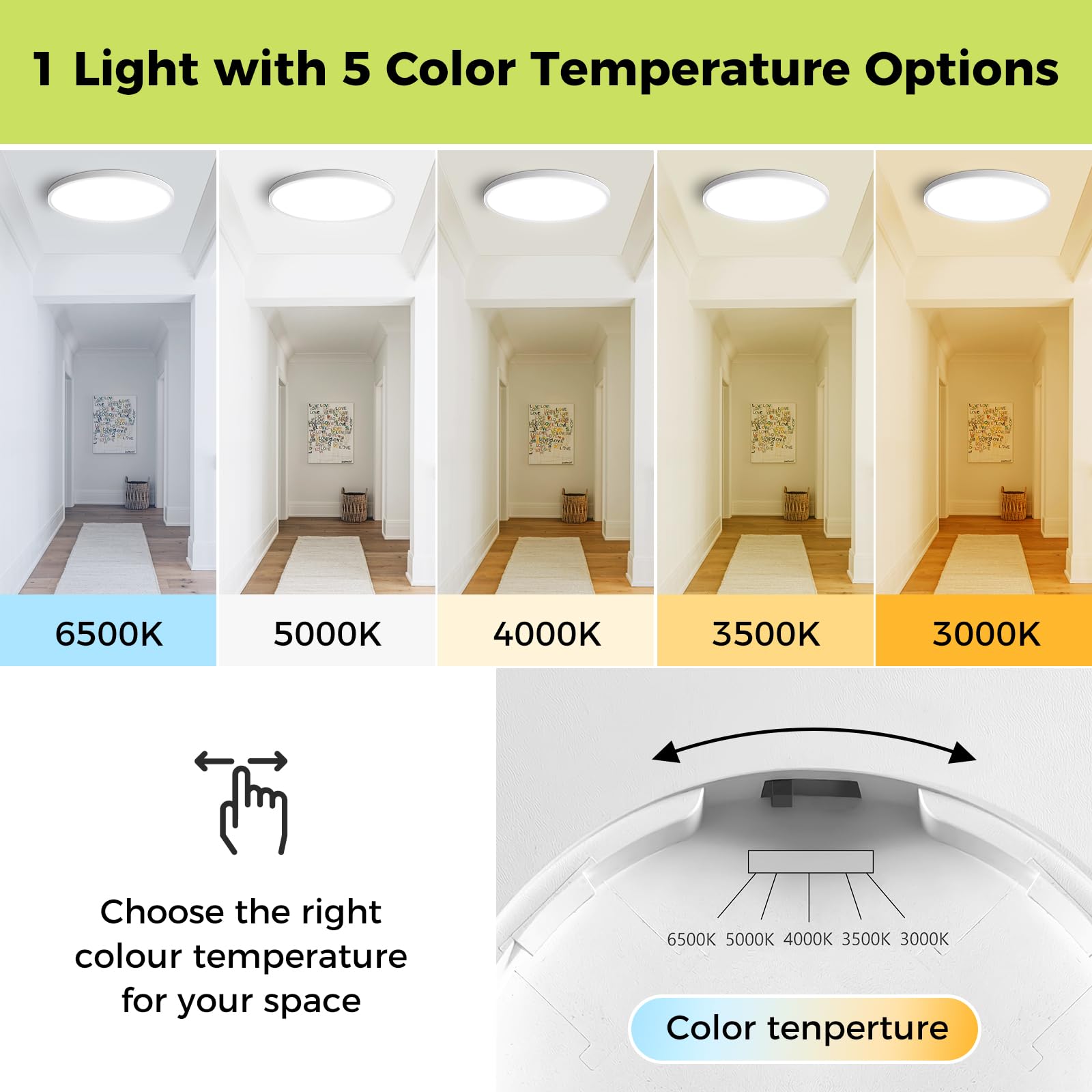 hepside LED Flush Mount Ceiling Light Fixture, 24W, Dimmable, 13Inch, 3000K-6500K Adjustable, White, 2 Pack