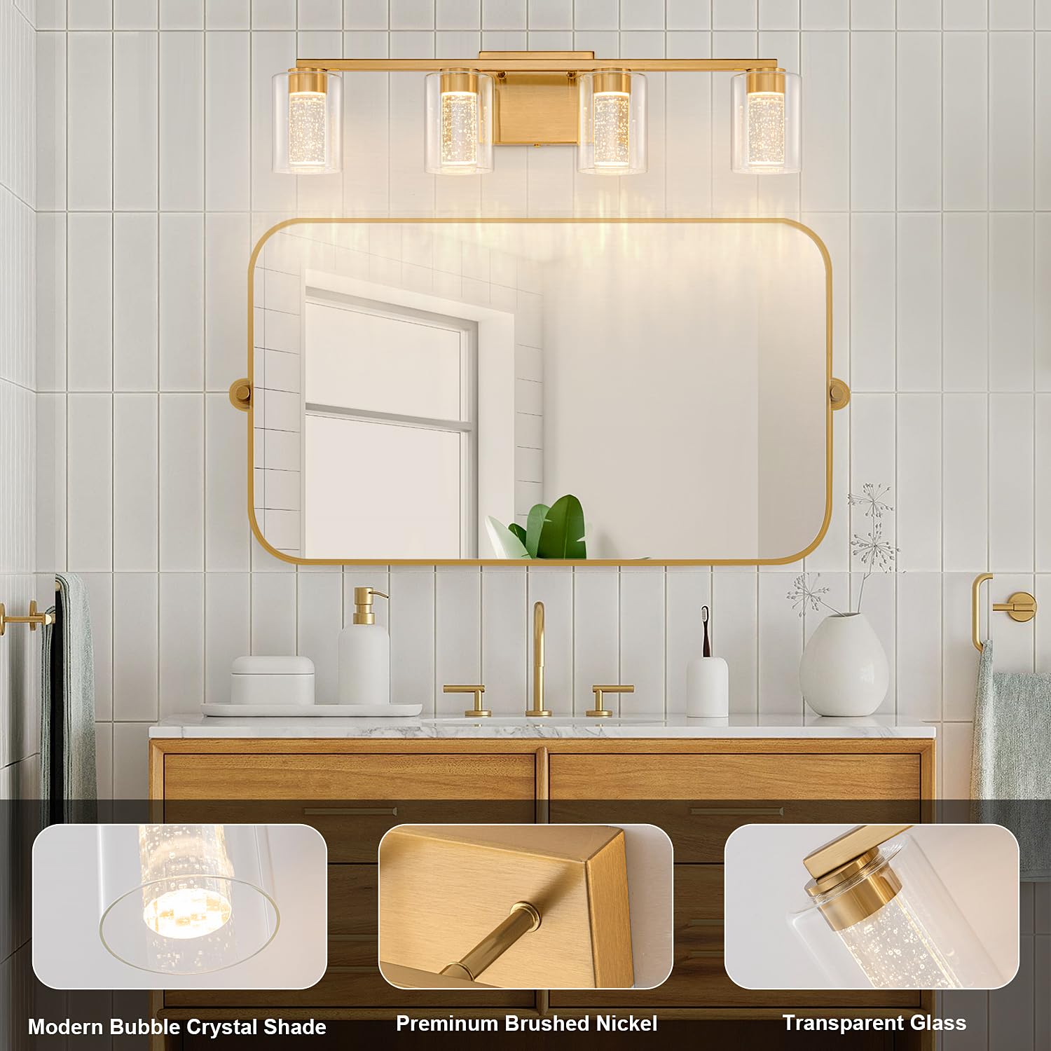 SineRise 4-Light Gold Vanity Light - Dimmable LED Fixture with 3 Color Modes, Eye Protection, Clear Glass Shade