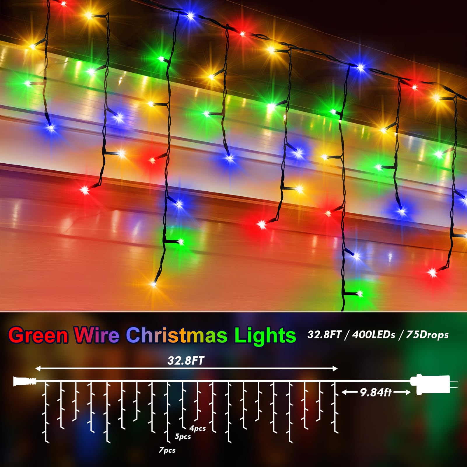 Hezbjiti 400Led Christmas Lights Outdoor 33Ft Icicle Lights Dark Green Wire Led Icicle Lights Outdoor With 8 Modes 75 Drops Fair