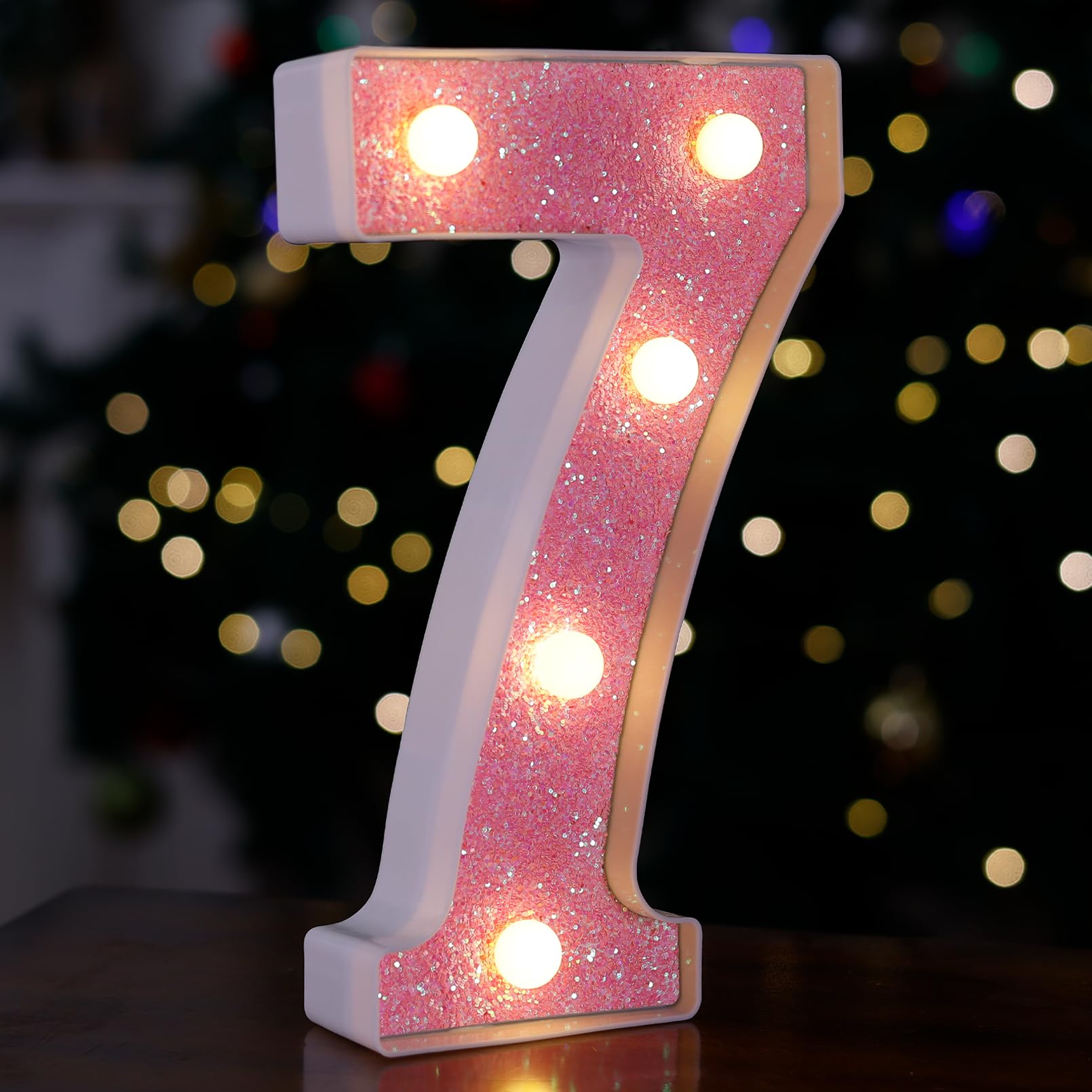 TRONSBOO LED Letter Light Pink Glitter Marquee Number 7, Battery Powered, 5.16in x 8.58in x 1.57in, Plastic for Home Party Decoration
