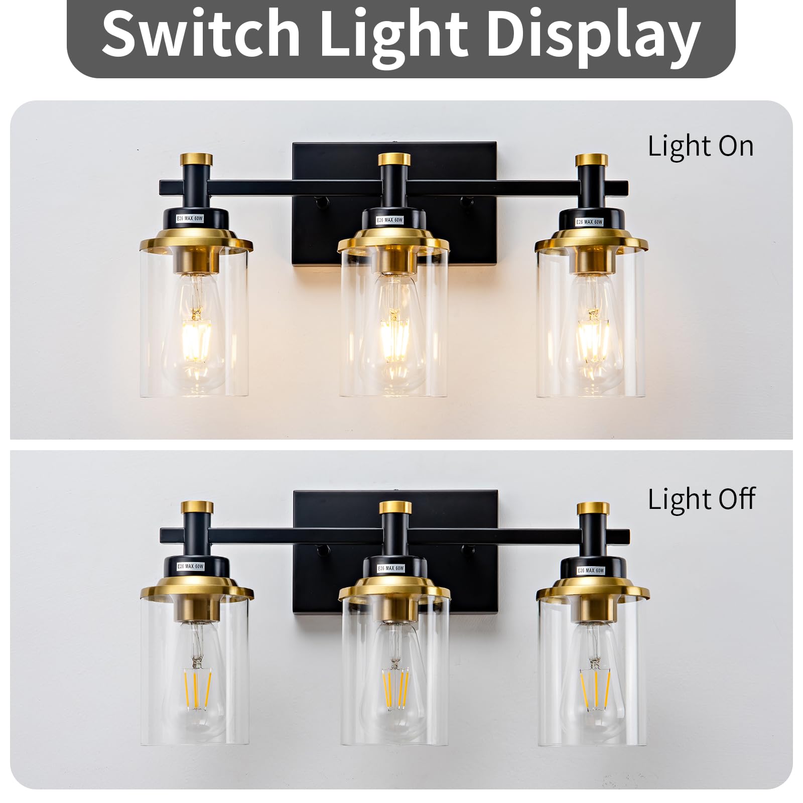 Aixialin 3 Light Bathroom Light Fixtures, Black And Brushed Gold Vanity Light Fixture Over Mirror, Modern Wall Sconces Lighting