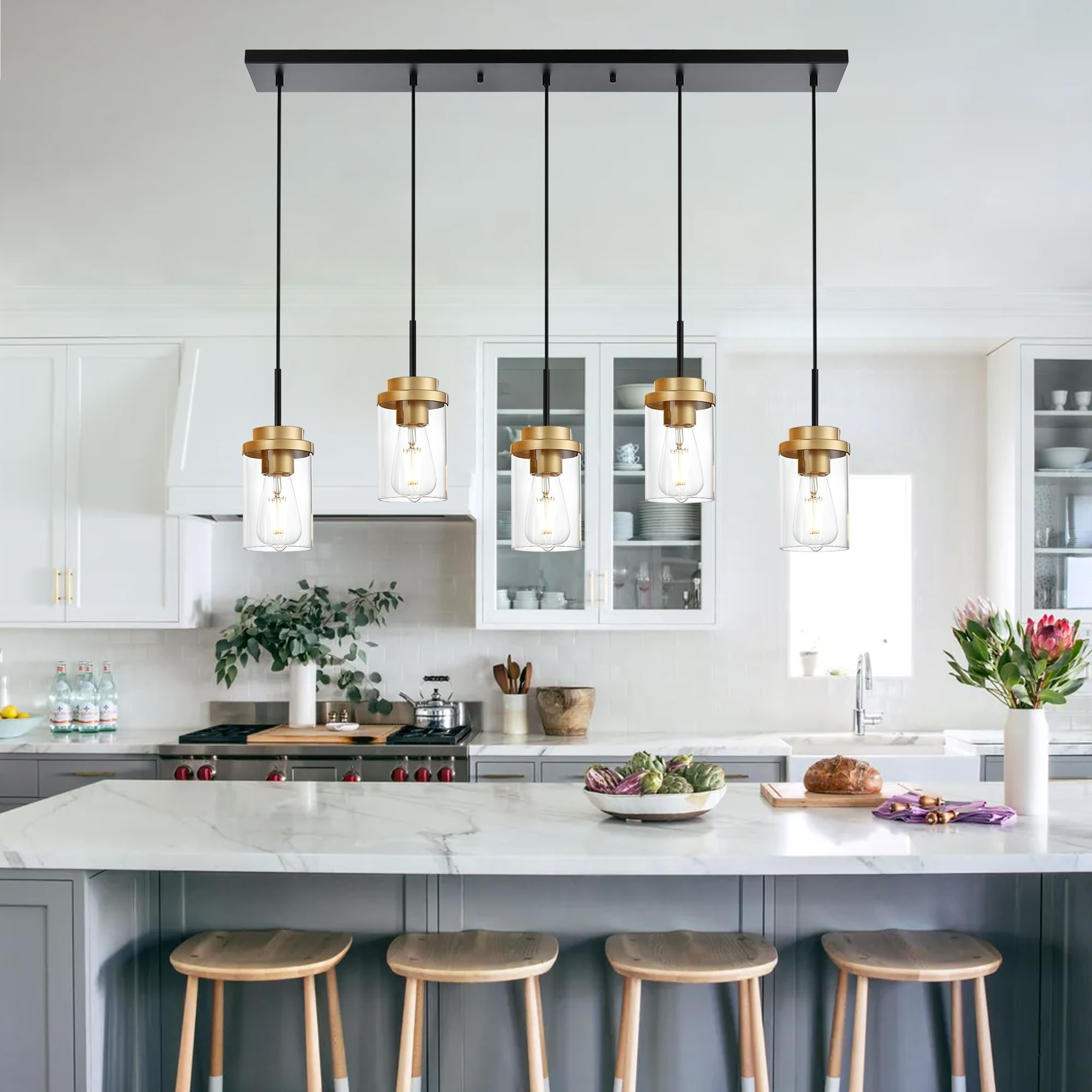 Melucee 5-Lights Adjustable Pendant Light, Black Brass, Modern Chandelier For Dining Room, 40.1 Inches, Clear Glass Shade, Model 4-4501-5D
