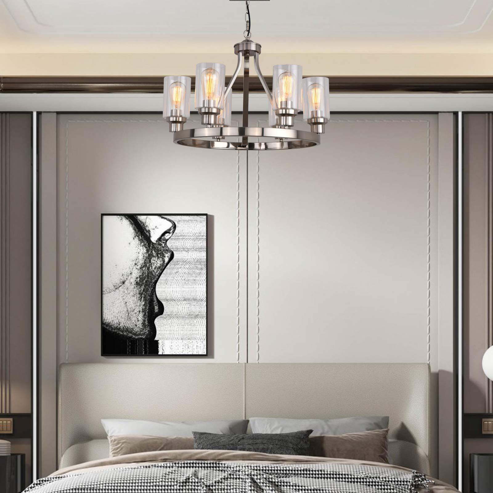 Sivilynus Dining Room Lighting Fixtures Hanging Brushed Nickel Kitchen Modern Chandelier Over Tables 6 Light With Glass Pendant