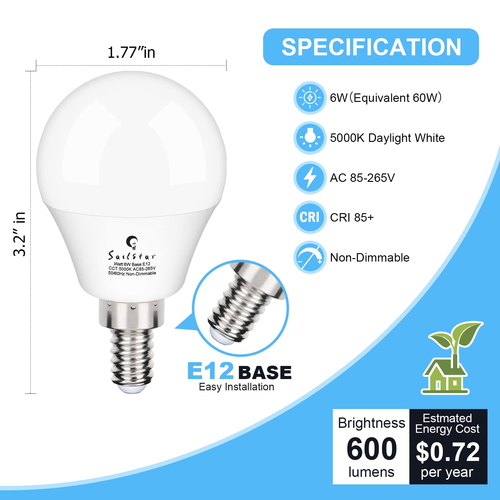 Sailstar LED Candelabra Bulbs, 60W Equivalent, Daylight White 5000K, E12 Base, 6W A15, 6-Pack