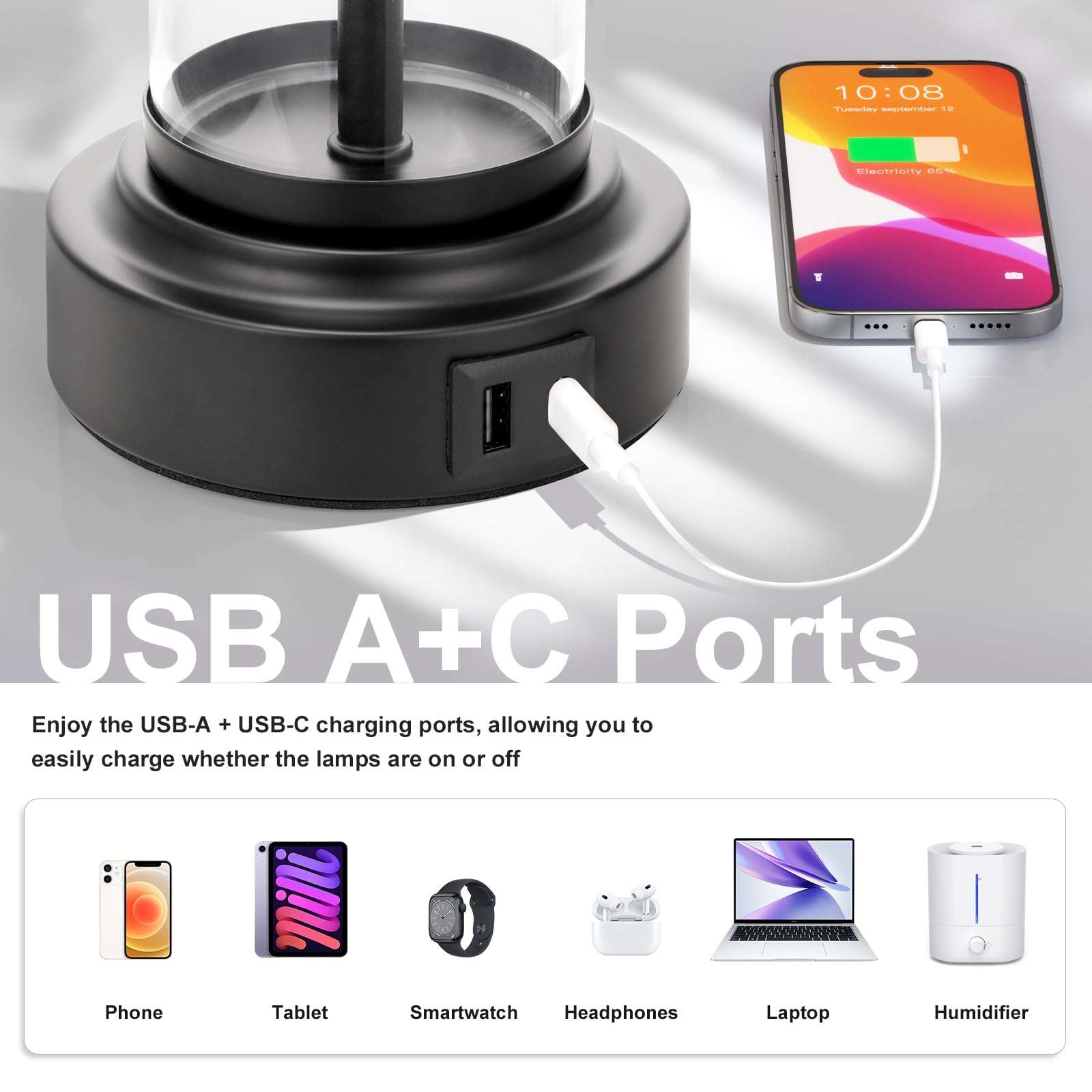 Black Bedroom Lamps Set Of 2 - Touch Bedside Lamp For Night Stands With Usb C+A, 3 Way Dimmable Nightstand Table Lamps For Livin