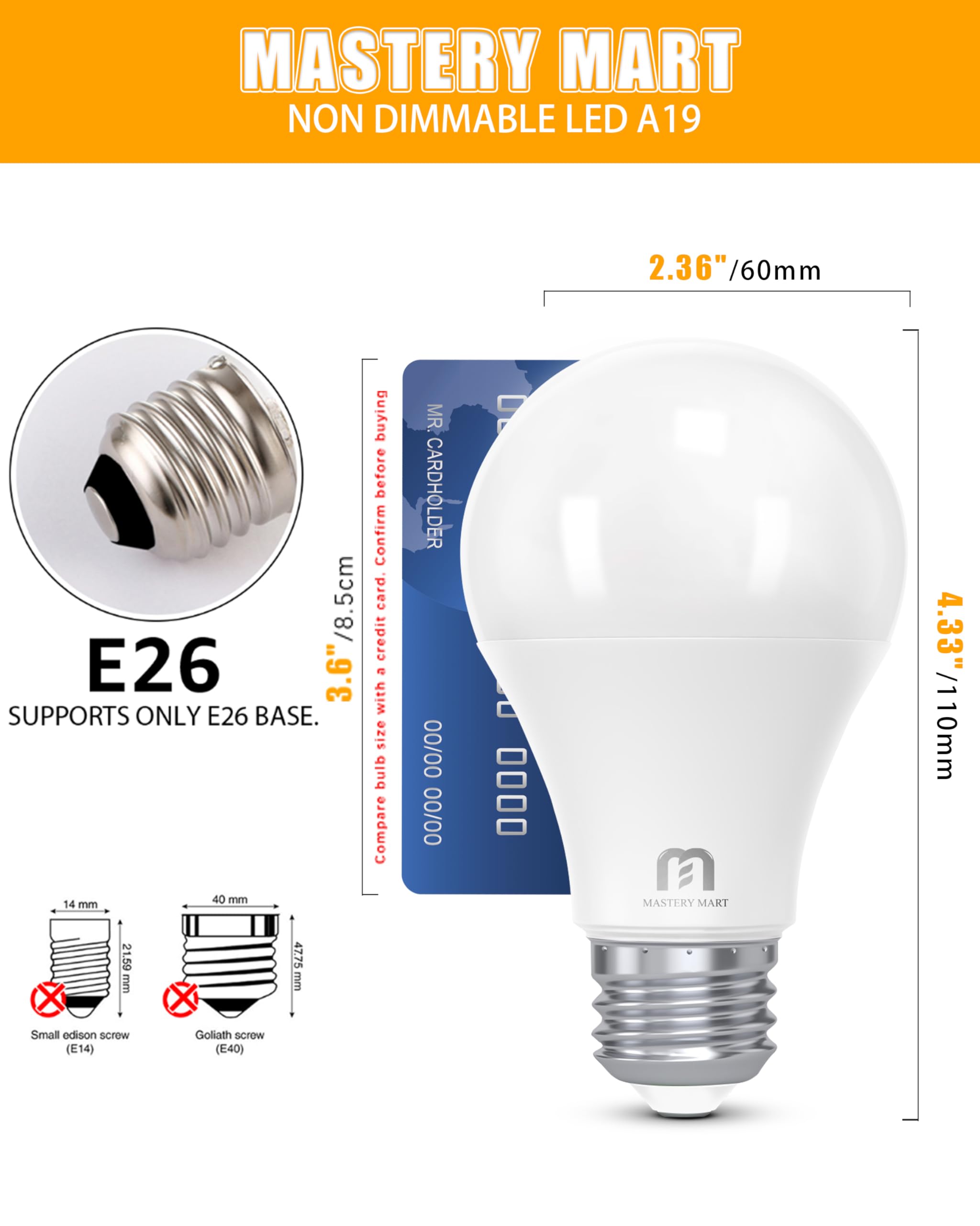 MASTERY MART A19 LED Bulbs, 60W Equivalent, 9W Non-Dimmable, 800 Lumens, Soft White 2700K, E26 Base, 12