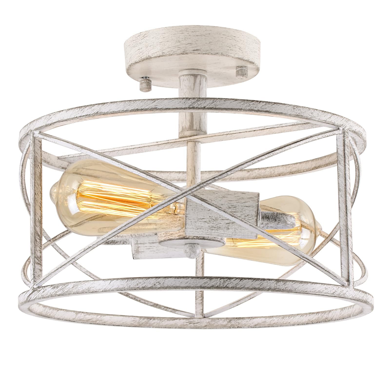 WELTRANS 2-Light Metal Cage Flush Mount Ceiling Light Fixture, White, Model JH6793-2PW, Ideal for Hallway, Bedroom, Kitchen, Living Room
