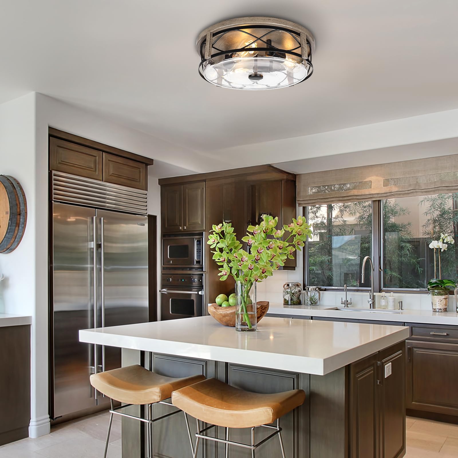 Rosient 16&quot; Farmhouse Flush Mount Ceiling Light, 3-Light Wood Grain, Seeded Glass, Large Indoor/Outdoor