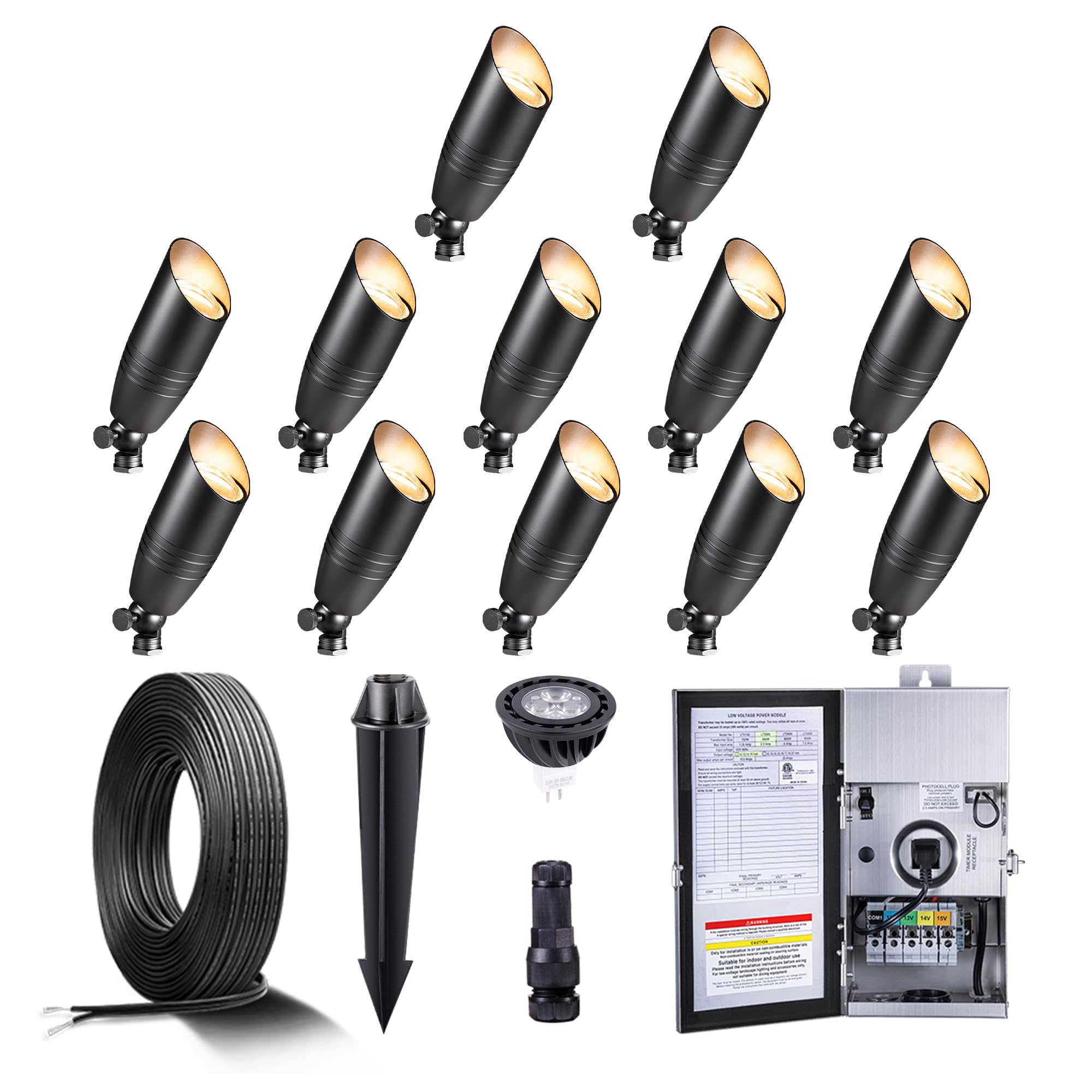 Gardenreet Black Brass Landscape Lighting Kit (12-Pack Spotlights) With 300W Low Voltage Transformer And Mechanical Timer And 250Ft Wire And 50Pack Connectors For Outdoor Garden Patio