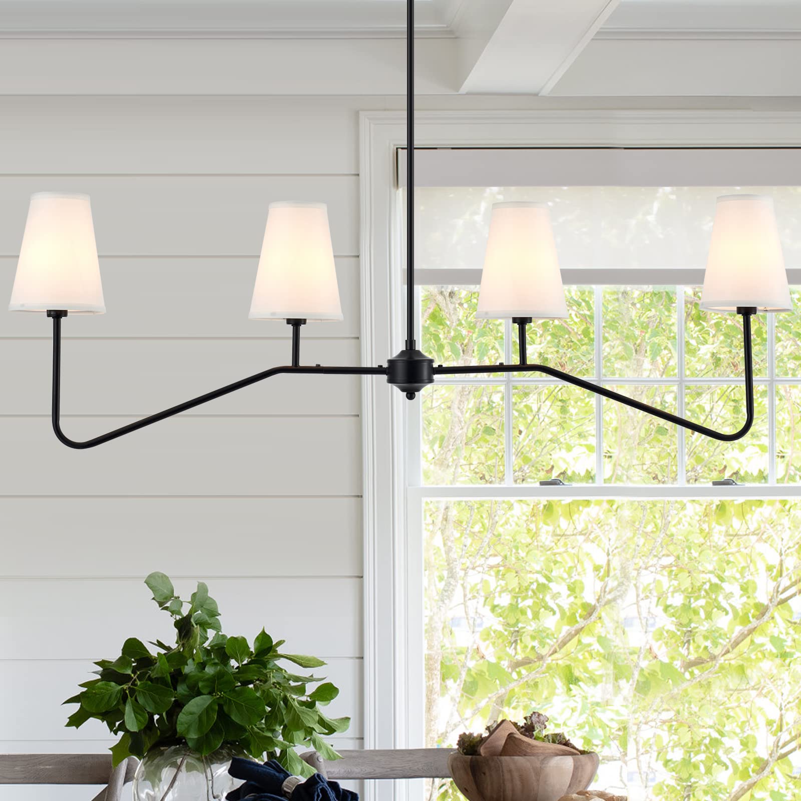 VILUXY Classic Linear Chandelier 4-Light Off-White Fabric Pendant Lighting for Kitchen, Dining, Living Room